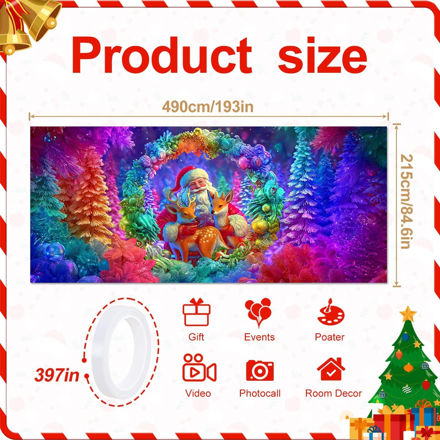 Christmas Garage Door Banner 7x16 ft – Santa with Deer in Colorful Holiday Wreath – Festive Outdoor Christmas Decoration for Garage, Yard, Front Door – Waterproof, Easy to Hang