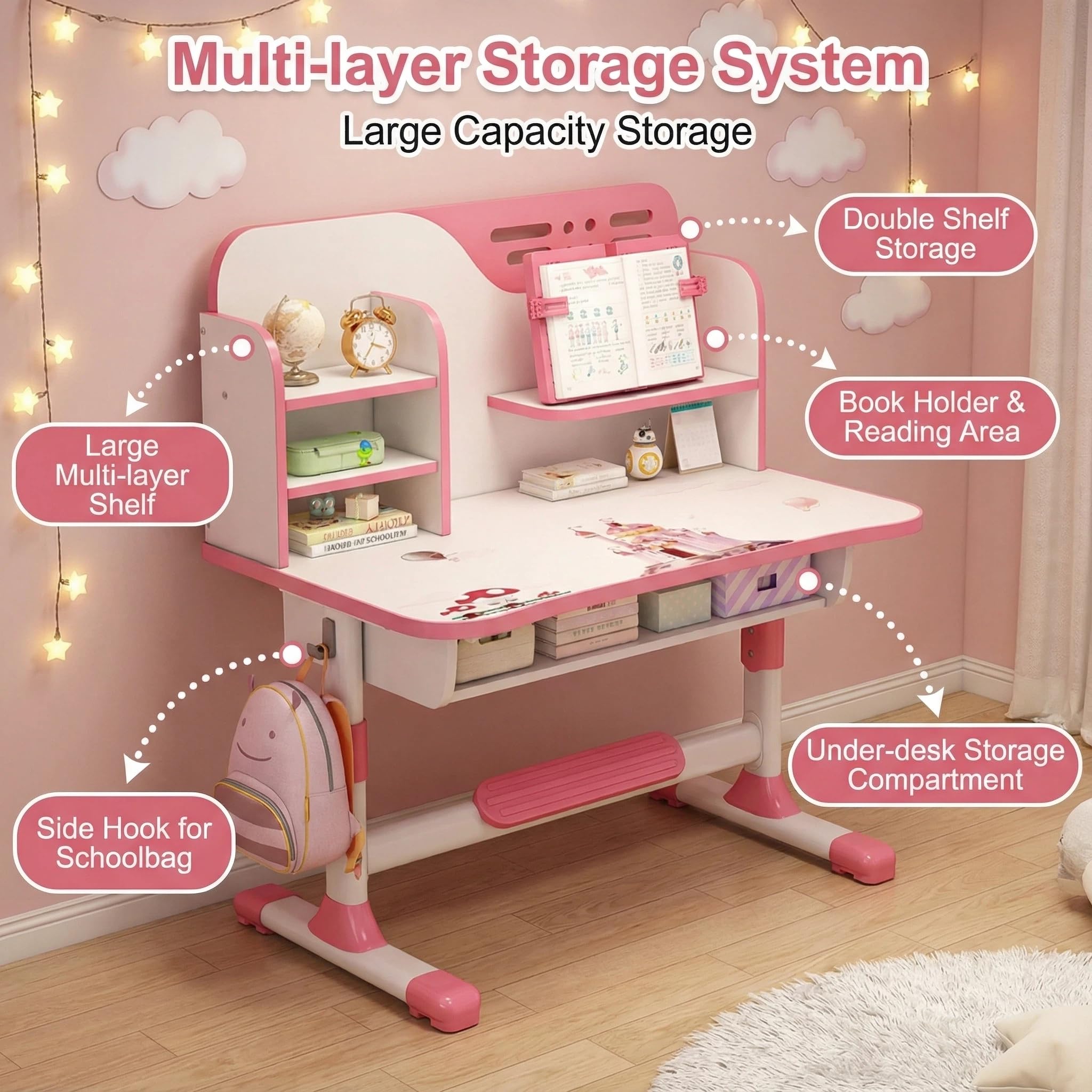 Set Scrivania e Sedia per Bambini, Regolabile per Camera da Letto delle Ragazze, Design Ergonomico, Ampio Piano di Scrittura, Libreria e Cassetto, Bambini da 3 a 18 Anni