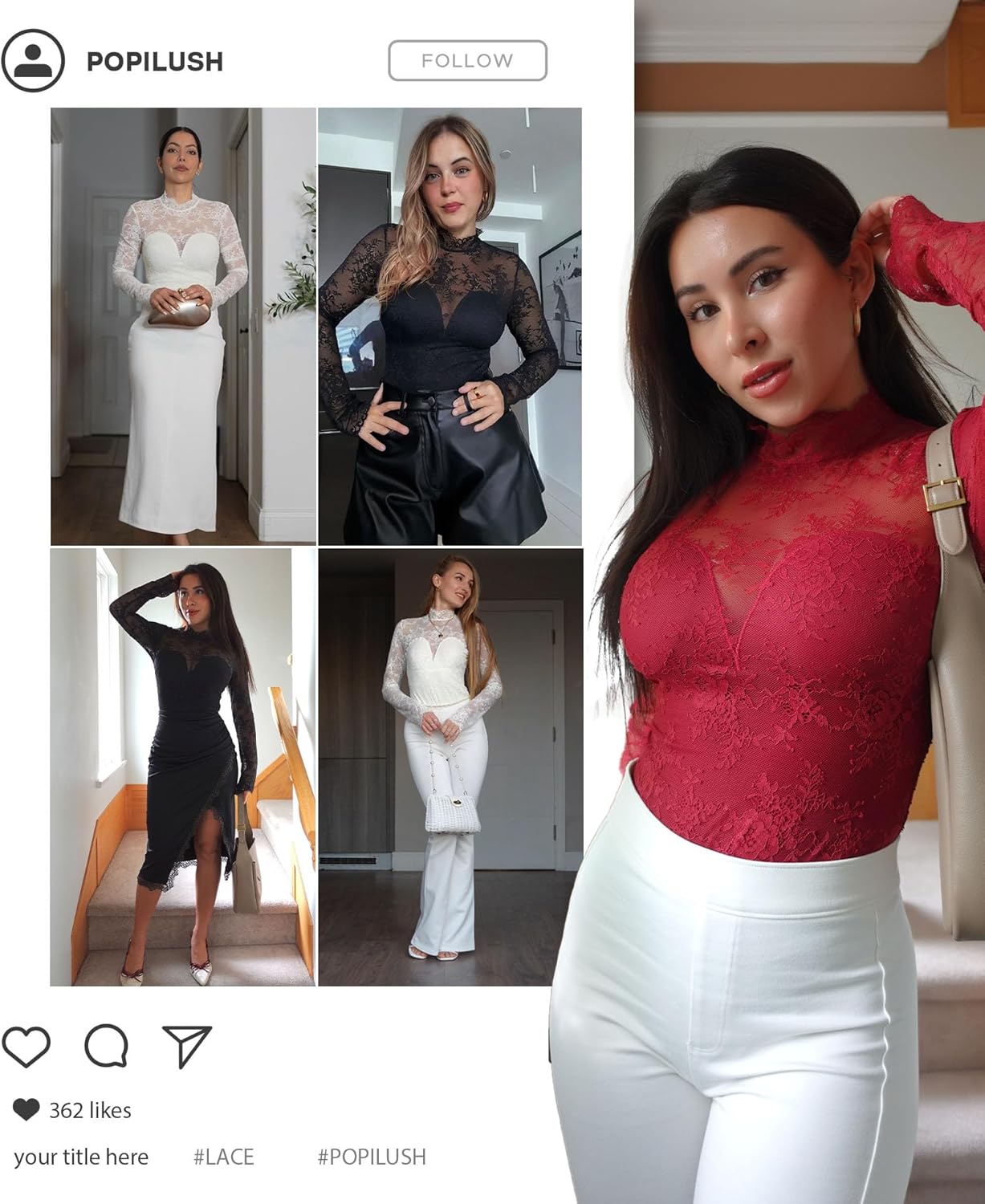 Popilush Long Sleeve Body Suits Womens Tummy Control Open Back Sheer Top Built in Bra Turtleneck Lace Shapewear Bodysuit - Image 2