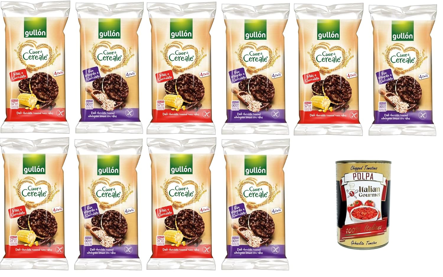 Gullon Cuor di Cereale Gallette di Mais e di Riso Ricoperte di Cioccolato Fondente Cuor di Cereal Corn and Rice Cake Covered with Dark Chocolate 10 x 100 g + Italian Gourmet Polpa 400 g