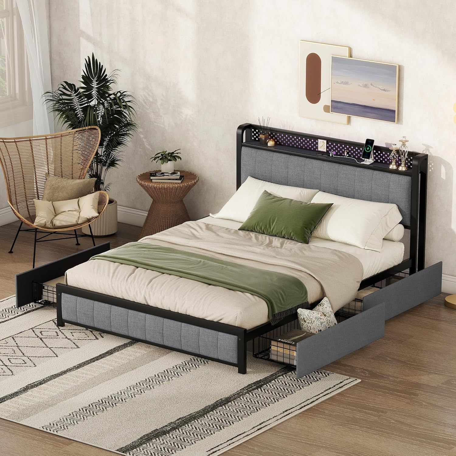 Amazon Goohome Queen Bed Frame With Storage Led Queen Size Bed