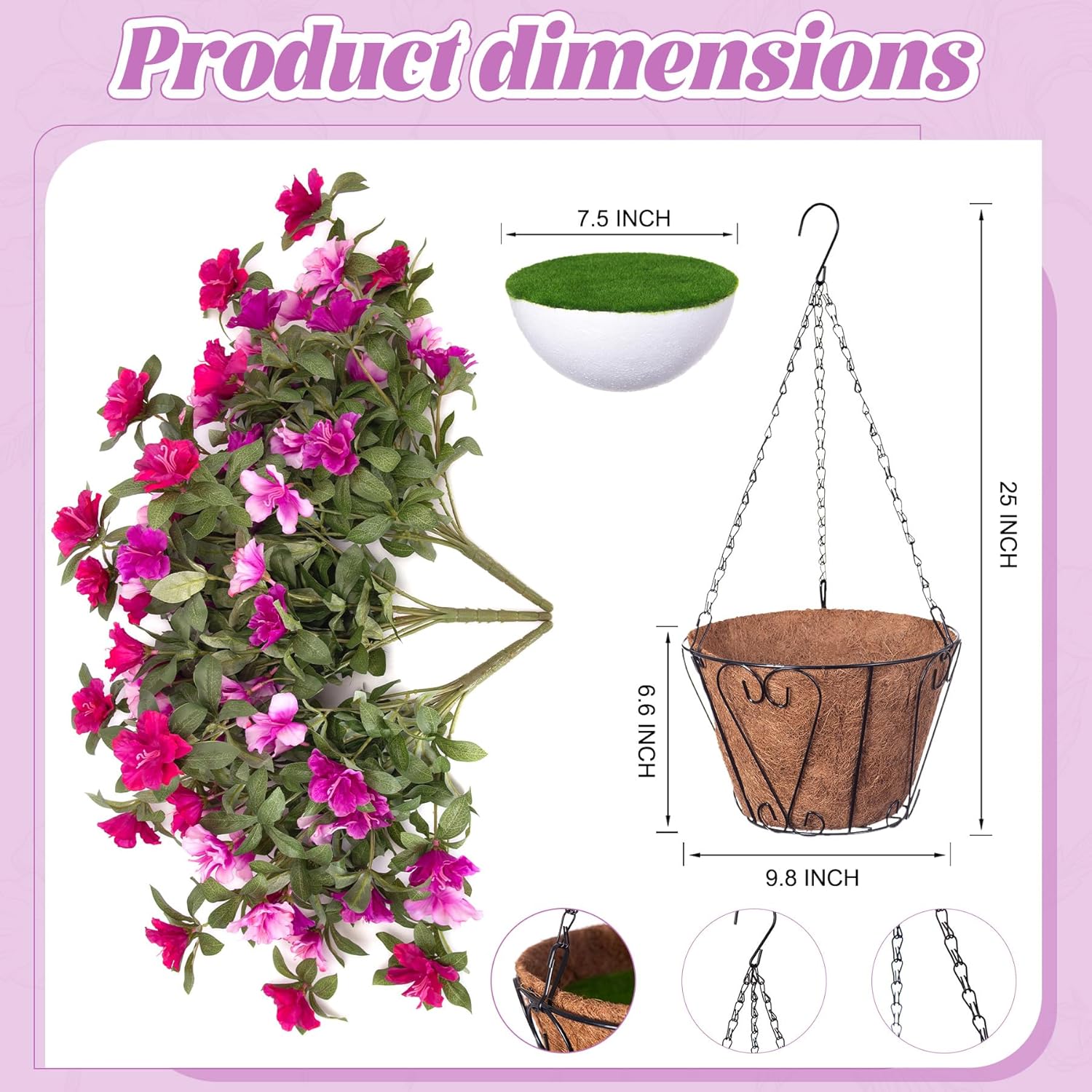 Artificial Hanging Flowers for Outdoors Hanging Baskets, 3 Pcs Fake Silk Flower with Hanging Baskets Planter for Spring Summer Garden Porch Patio Yard Outside Decor - Image 6