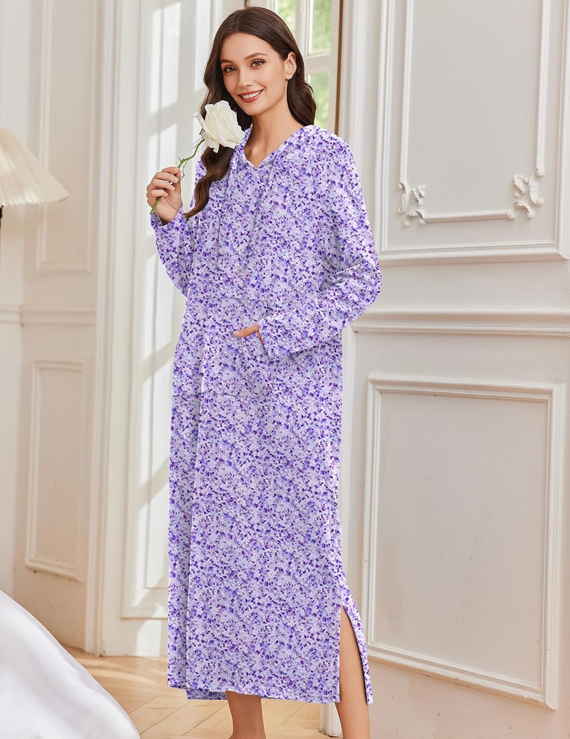 Ekouaer Nightgowns for Women Fleece Nightgown Long Sleeve Sleepwear Hooded Night Gown Long Sleep Shirt with Pocket - Image 4