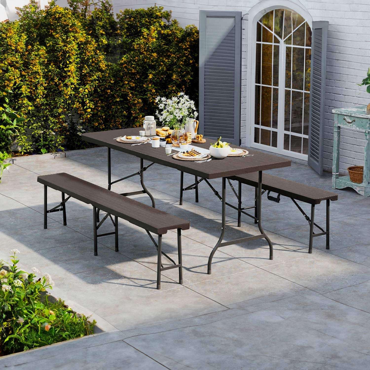 7H SEVEN HOUSE Conjunto Plegable Mesa con 2 Bancos de 180cm Catering Marrón Efecto Madera 7house