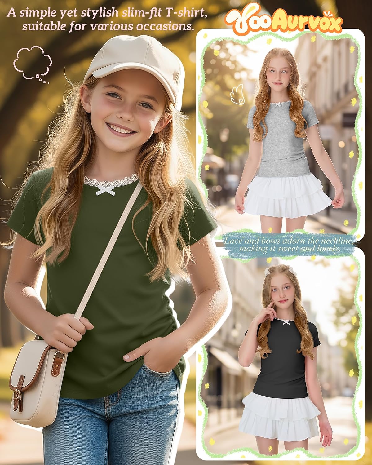 5 Pack Girl's Shirts Short Sleeve Lace Trim Crew Neck Tops Kids Basic Cute Easter Tees 5-14 Years