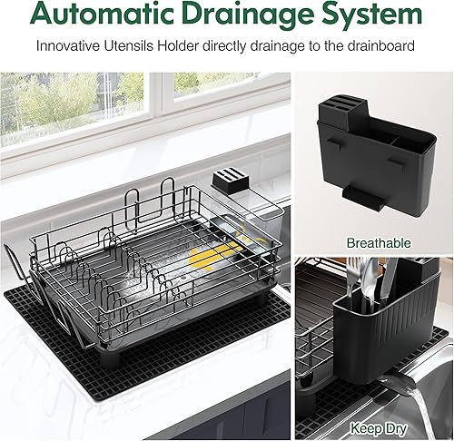 Miniatura 4 de Qienrrae - Juego de escurridor de platos y escurridor de platos de acero inoxidable con boquilla giratoria escurridor de platos para encimera de