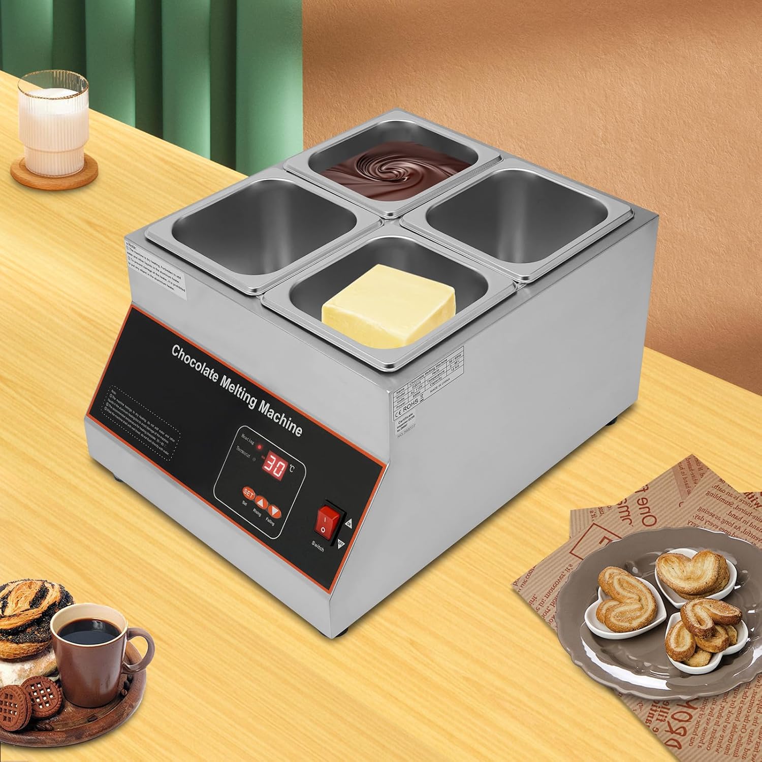 Chocolate Melting Pot, 110V 500W 4 Tanks Commercial Chocolate Tempering Machine Chocolate Melting Machine Stainless Steel Electric Chocolate Melter w/Digital Temp Control for Hotel Restaurant Bakery