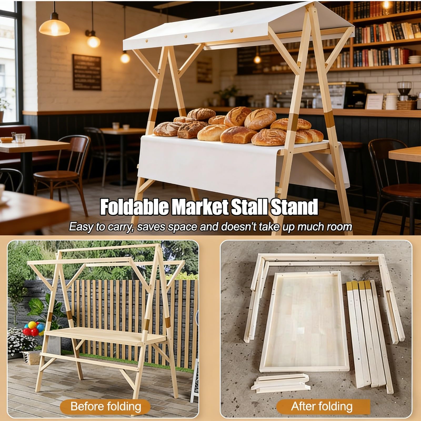 Soporte plegable de madera con toldo, cabina de vendedor portátil para mercados de agricultores, ferias de manualidades y eventos al aire libre, fácil de montar y almacenar