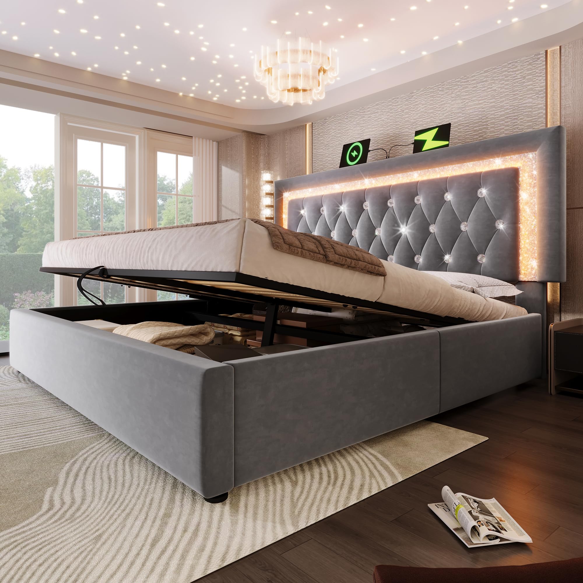 Łóżko tapicerowane 180 x 200 cm, aksamitne łóżko podwójne z paskami diamentowymi LED, stacja ładująca USB & Type-C, hydrauliczne łóżko do przechowywania, nowoczesne łóżko młodzieżowe ze