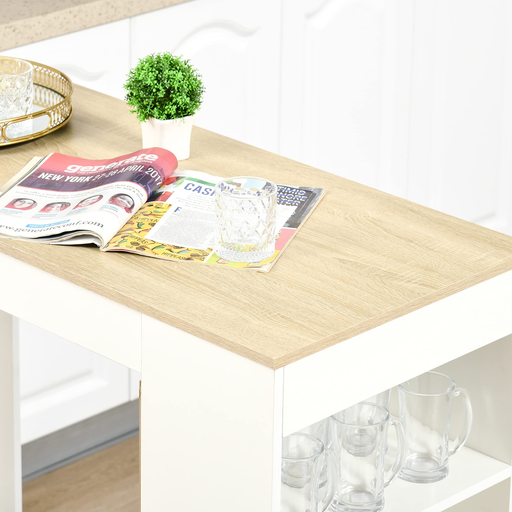 HOMCOM Mesa de bar pour 2 personas, mesa de alta costura debout avec 4 étagères ouvertes, pour petits espaces, cocina, sala de estar, 115 x 50 x 102,7 cm, estilo moderno, blanc et bois naturel