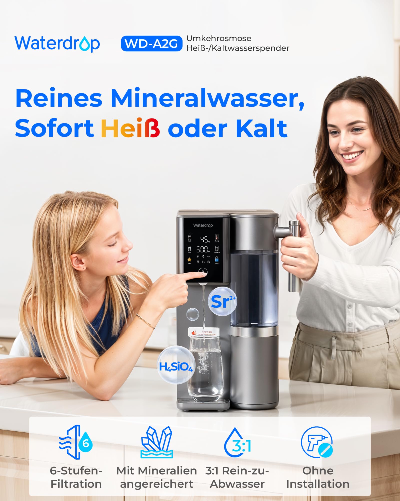 [Mineralisiert] Waterdrop WD-A2G Auftisch-Umkehrosmoseanlage, Heiß- und Kalt-RO, Tragbarer Reinwassertank, Flaschenloser Wasserspender, 6 Temperaturen, 3:1 Rein-/Abwasser