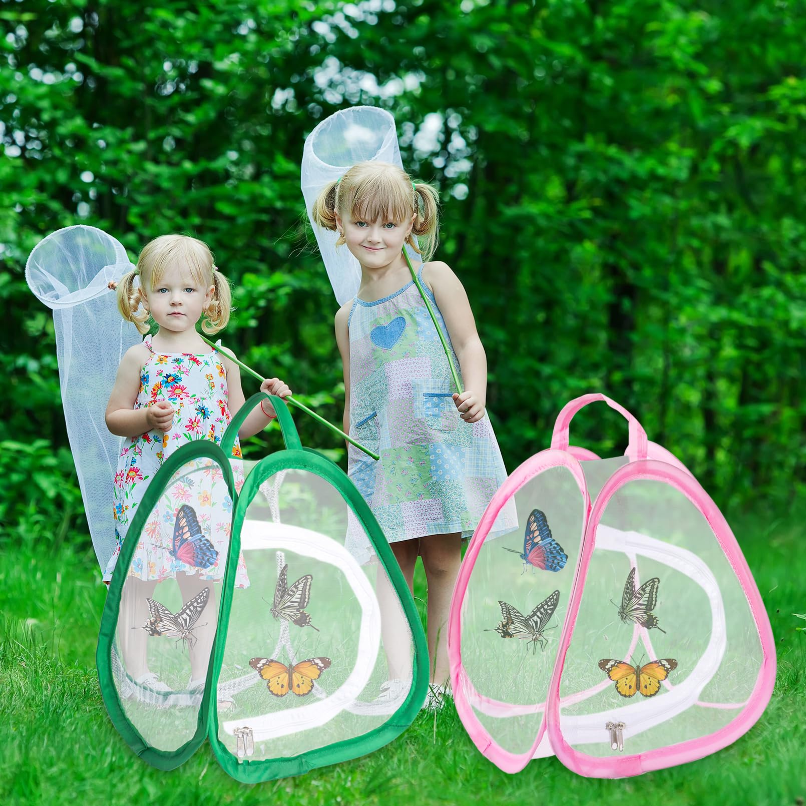 2 Stück Schmetterlinge Züchten Netz Kinder, Schmetterlingshaus Netz, Insekt und Schmetterling Lebensraum Käfig(Rosa, Grün)