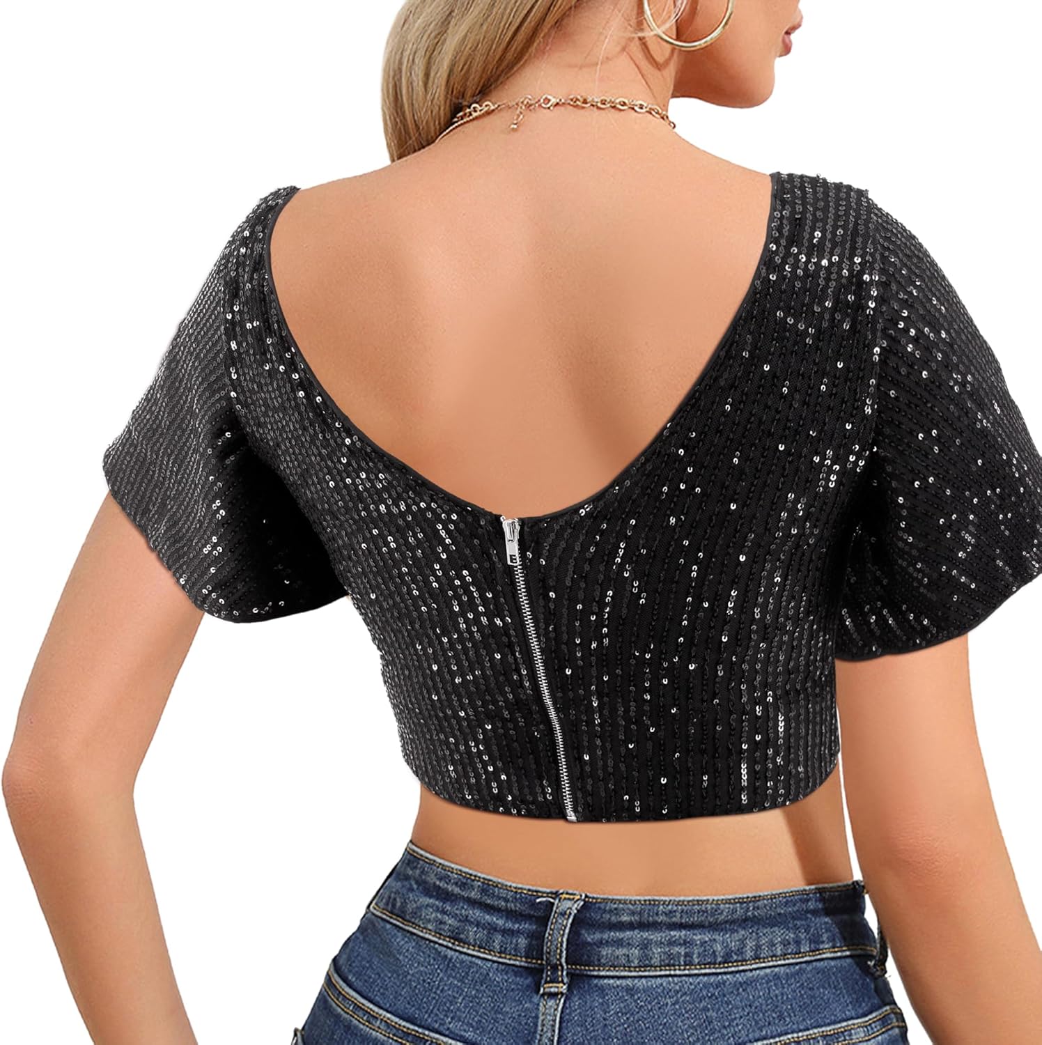 Testudineus Womens Sequin Ruffle Tops Short Sleeve Sparkly Crop Shirt Glitter Concert Disco Party Club Top Tee - Image 4