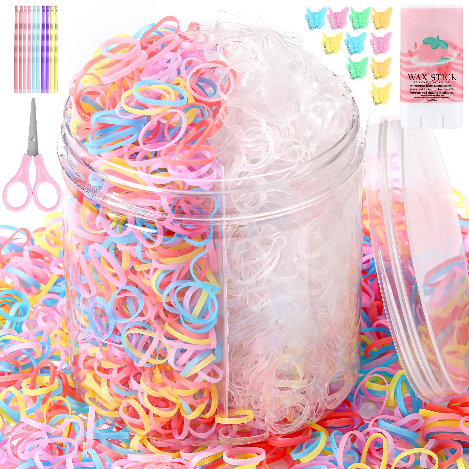 2000pcs Hair Rubber Bands Clear and Colorful Mini Elastic Ties, Hair Elastics with Hair Wax Stick, Hair Clips for Women, Girls