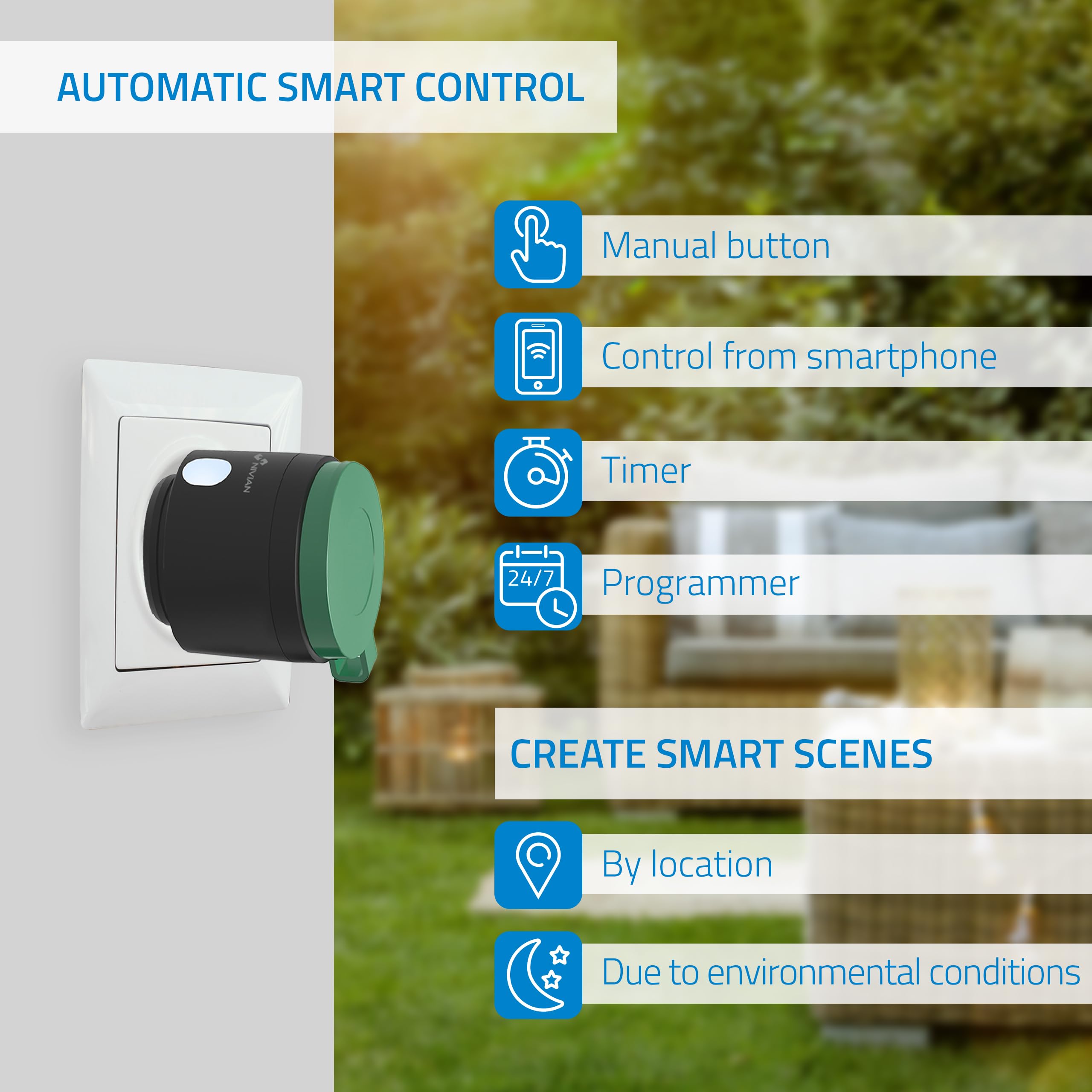 NIVIAN Presa Intelligente WiFi da Esterno IP44, Controllo Remoto con App Tuya, Monitoraggio Consumi, Programmazione Oraria e Timer, Smart Home Giardino, Compatibile con Alexa e Google, App SmartLife