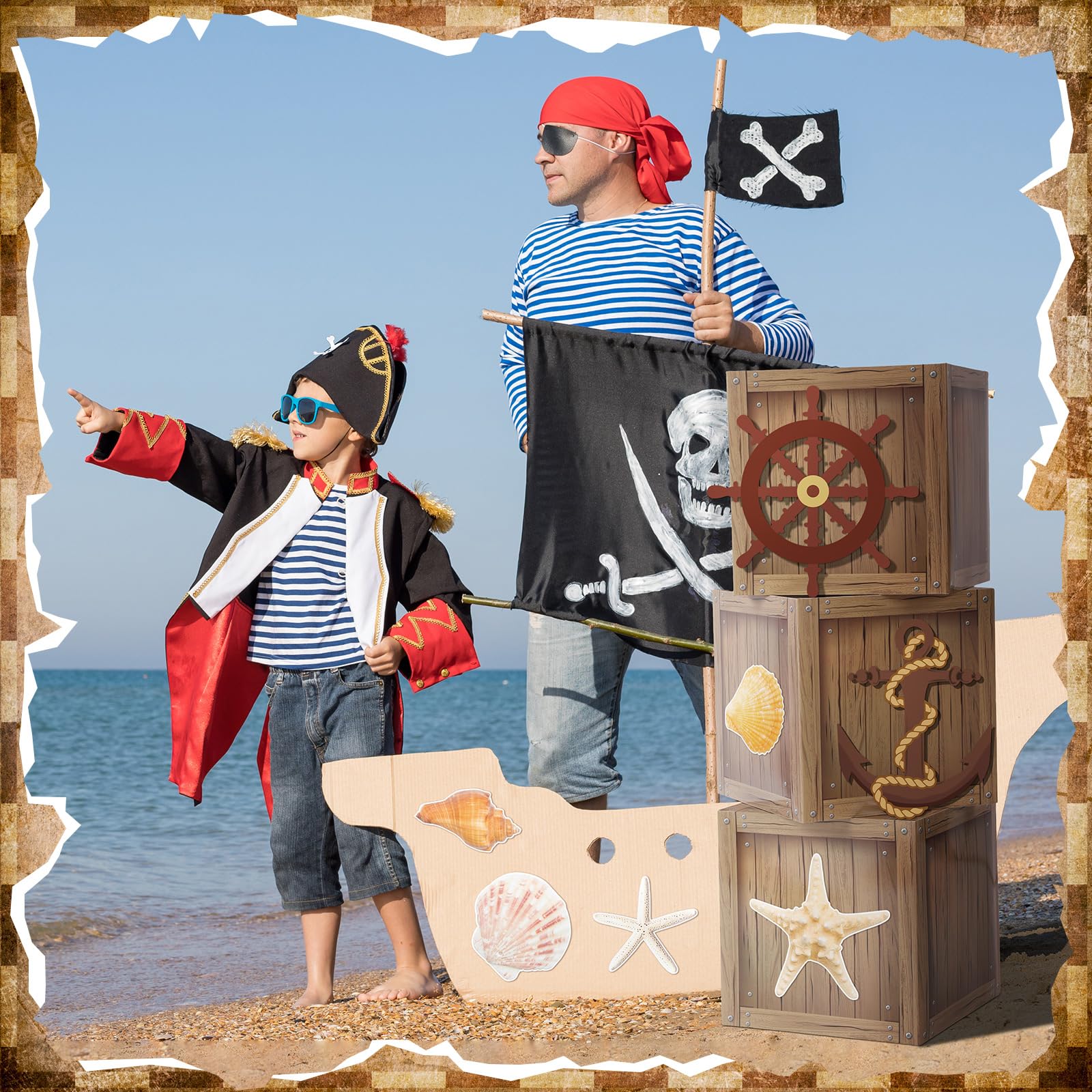 JellyArch 18 piezas de recuerdos de fiesta pirata, decoraciones de Halloween, caja de madera de imitación, tarjeta de red de pesca pirata, decoración de fiesta de cumpleaños, suministros de fiesta