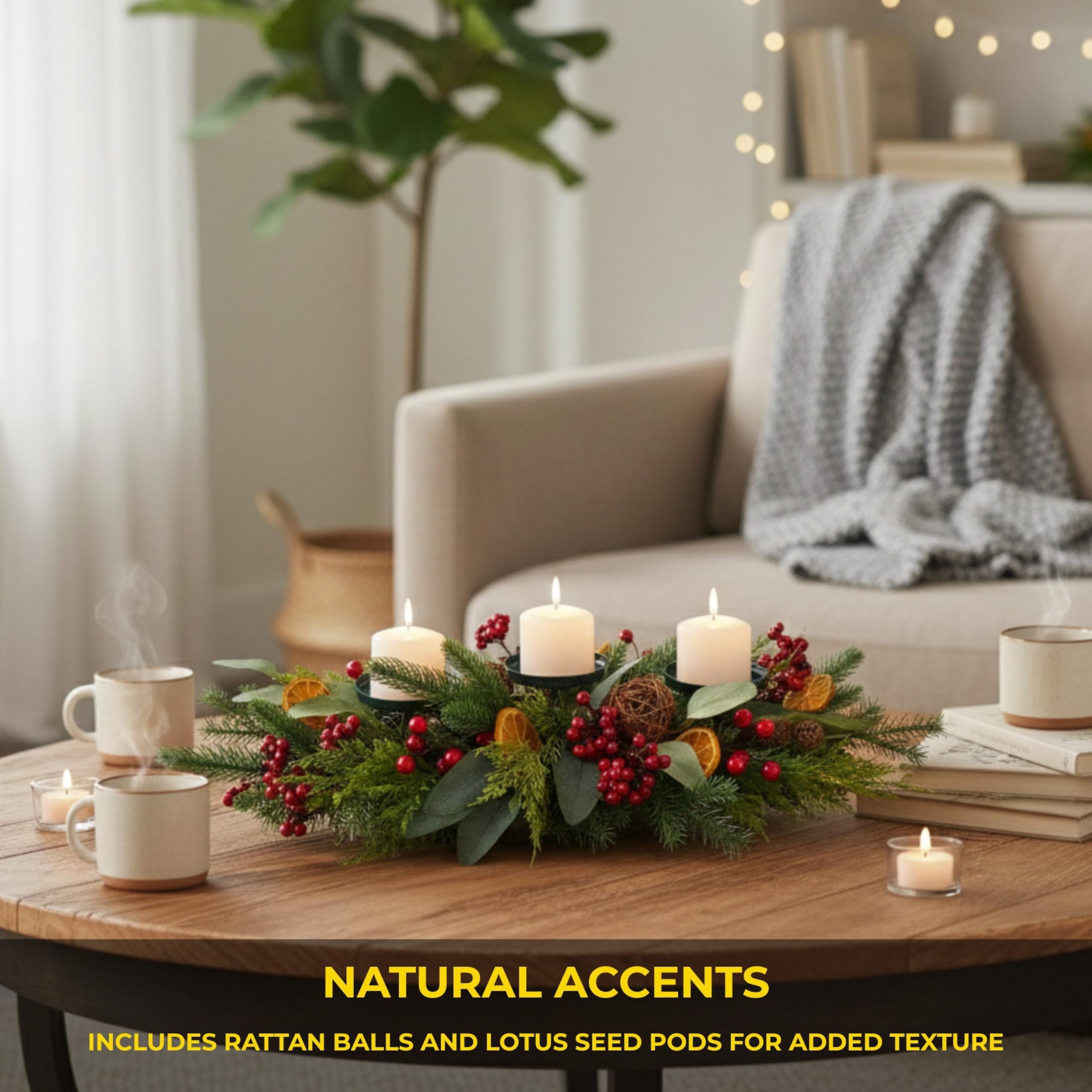 Décoration de Table de Noël avec Feuillage, Baie, Eucalyptus, tranches d'orange, Boules de rotin - Décoration Festive pour la Maison, la Salle à Manger, la cheminée - 66 cm