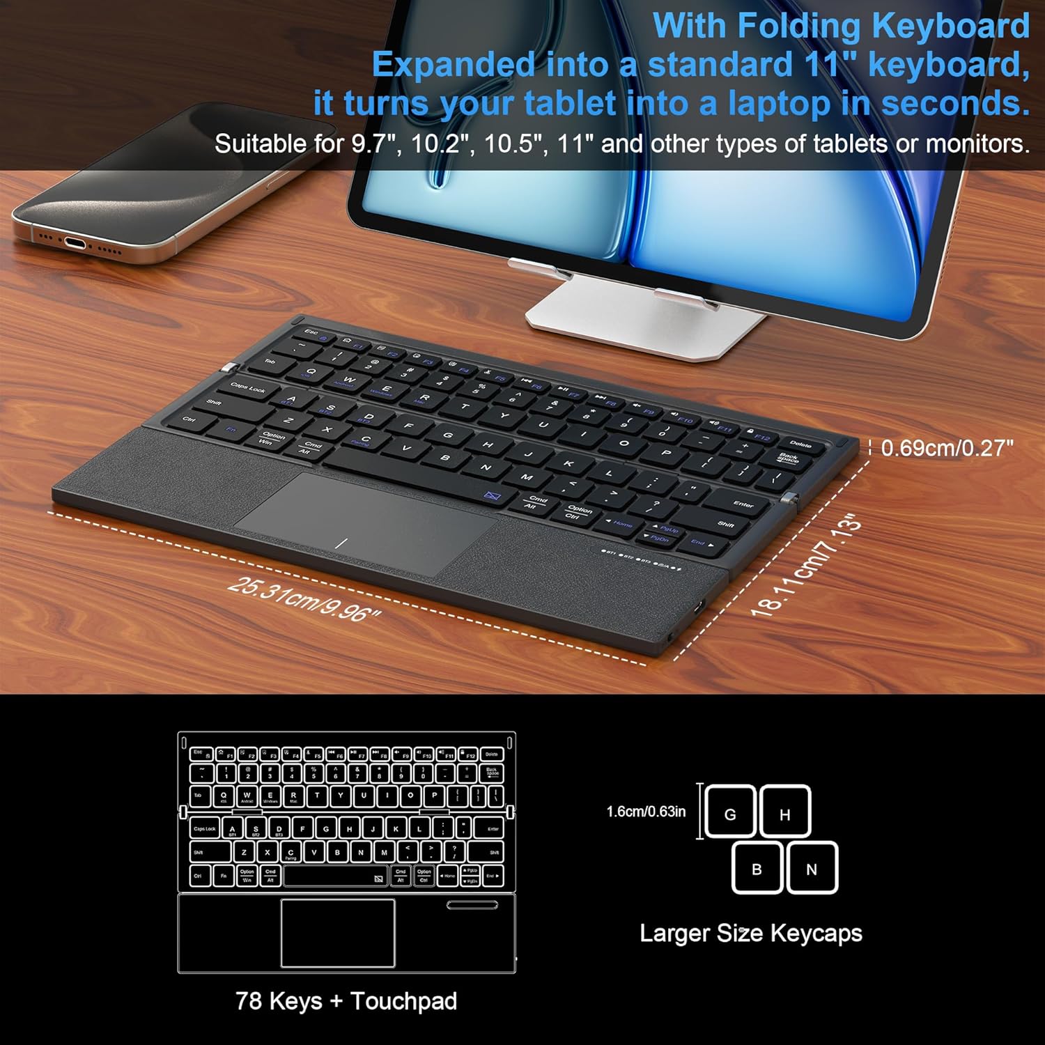 Foldable Bluetooth Keyboard with Touchpad - Sync up to 3 Devices Full Size Folding Portable Keyboard with Trackpad for Travel and Business, Use for iPad iPhone Android Smartphone Mac Tablet Laptop PC - Image 4