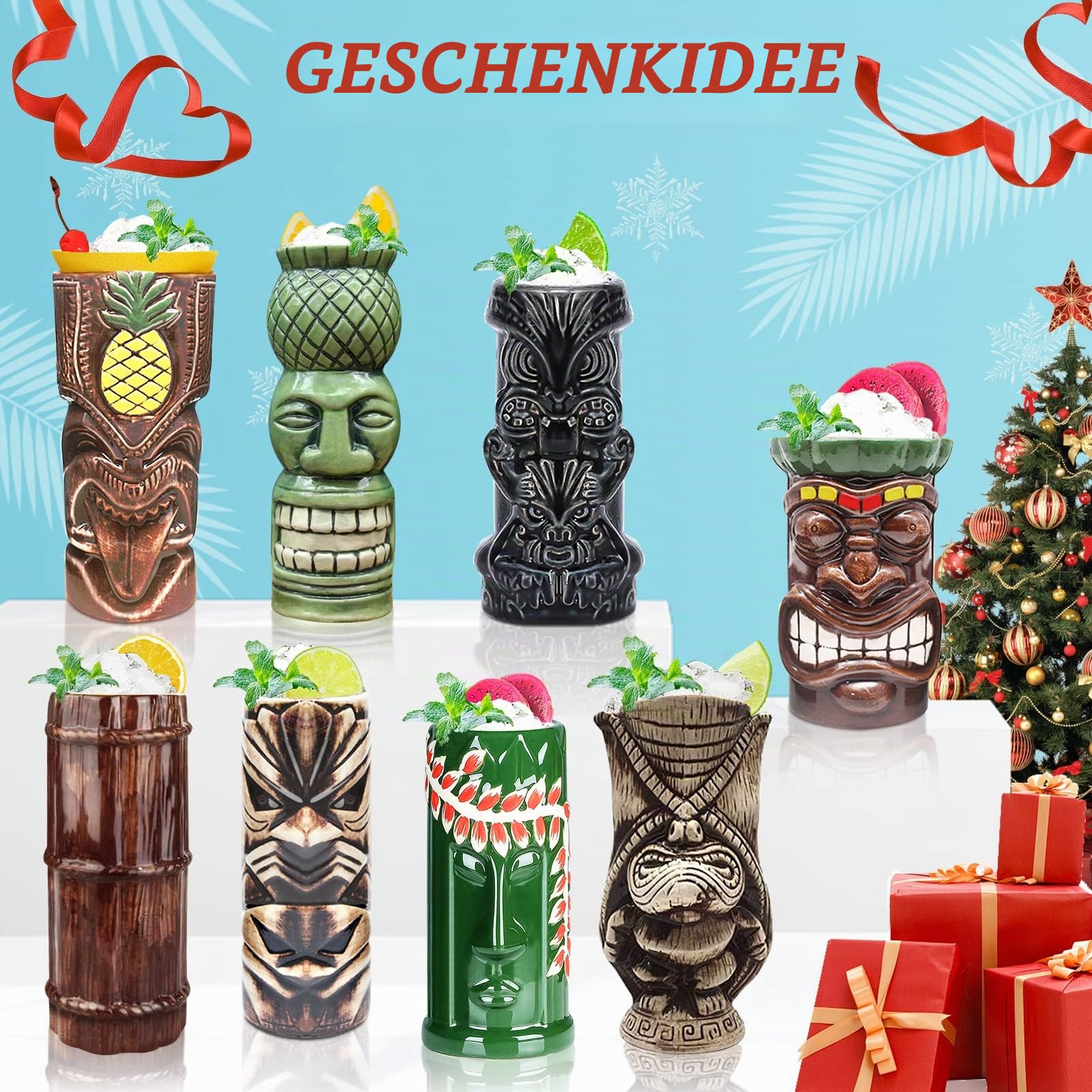 Tiki Becher Cocktail-Set von 8 – Becher, Keramik, hawaiianische Luau-Party-Tassen, Drinkware, niedliche, exotische Cocktailgläser, Tiki-Bar, professionelle Hawaii-Party-Barware,