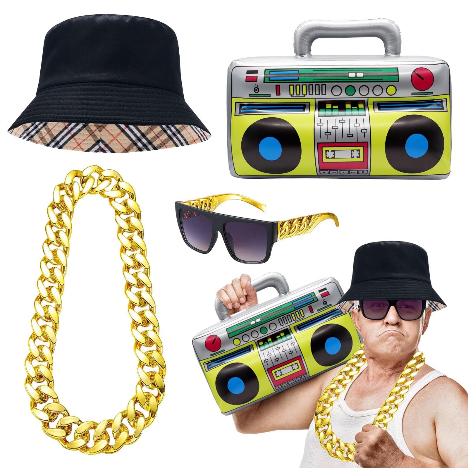 Hip Hop Costume Kit, 80s 90s Rapper Accessories Including Inflatable Boom Box Gold Chain Glasses Bucket Hat, Old Style Cool Rapper Outfits for Men Women