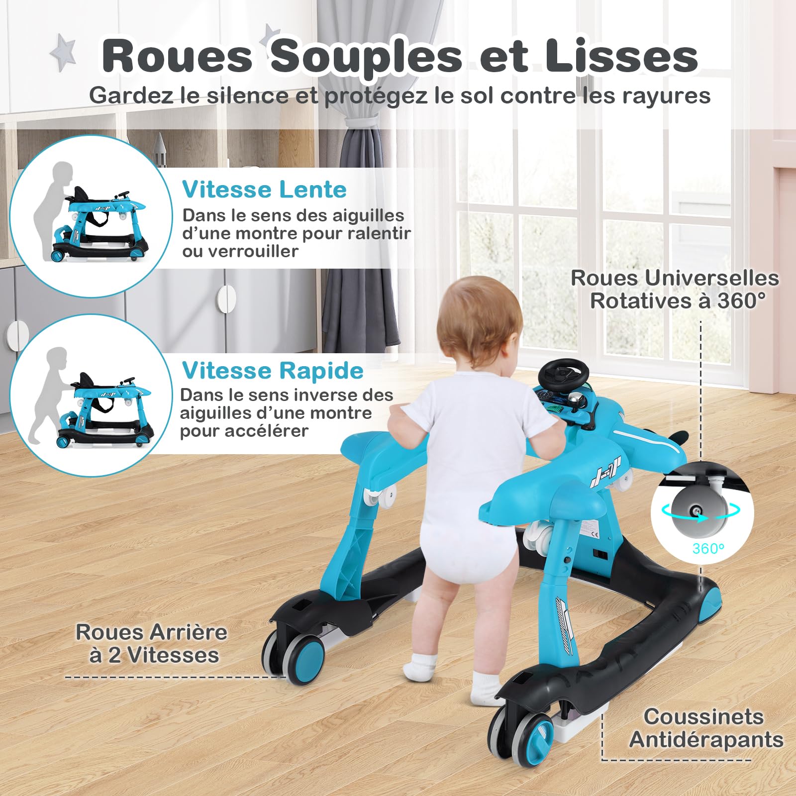 GOPLUS 6 en 1 Trotteur Bébé Garçon Fille, Trotteur Marche Bebe Pliable avec 3 Hauteurs Réglables, Roue Silencieuse, Musique, Lumières, Coussin Doux, Charge 12KG pour 6-18 Mois