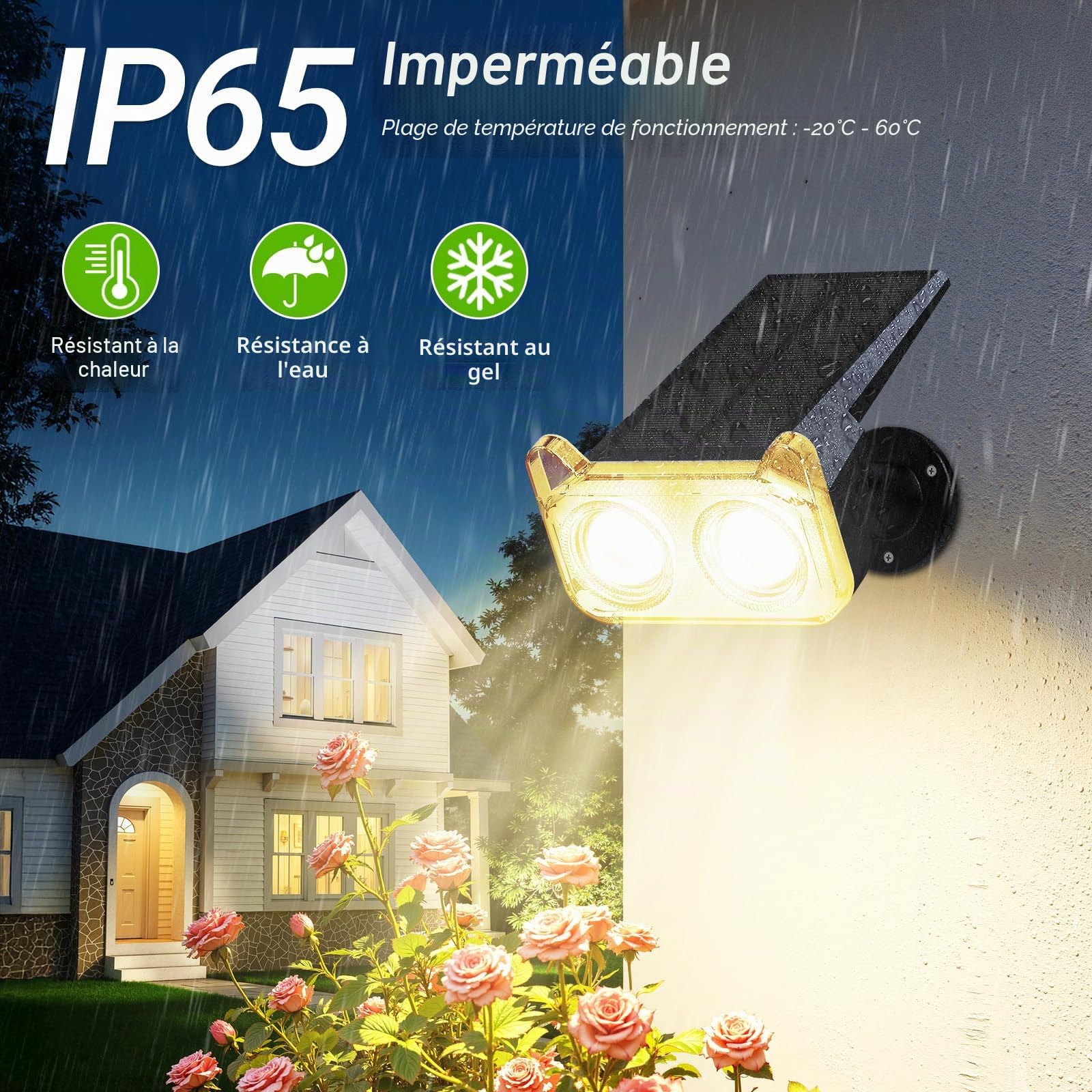 GEARLITE Spot Solaire Exterieur Puissant, Lot de 4 Lampes Solaires Exterieures Jardin 3000K Lumière Blanc Chaud, 2 Modes d'Éclairage, IP65 Étanche Eclairage Exterieur Solaire pour Chemin Allée