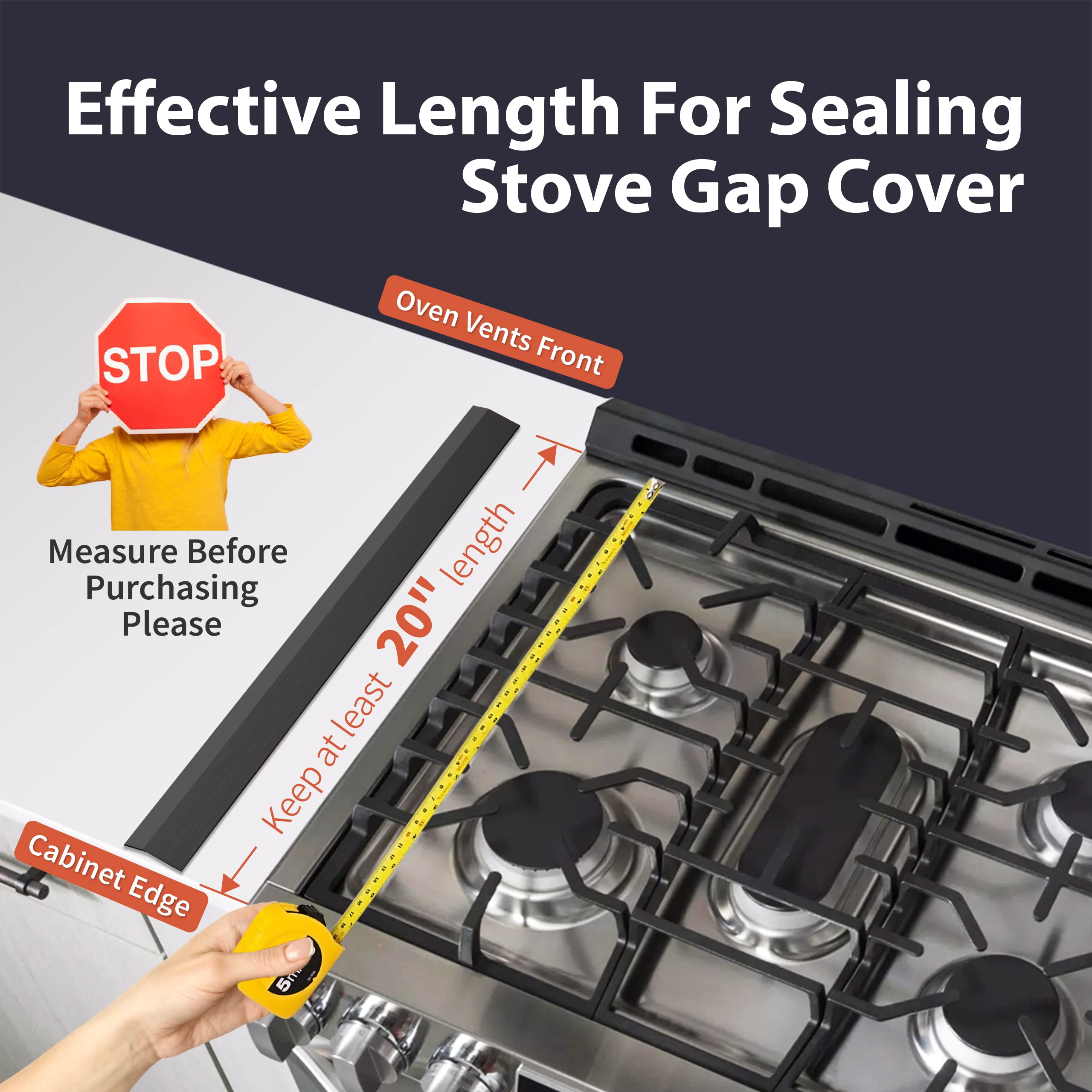 IIIOIIIA Upgrade“Tâ€_x009d_ Kitchen Stove Counter Gap Cover (2 Pack) Stainless Gap Covers Between Stove and Counter with Wide & Long, Protect Stove Gap Filler Sealing Spills in Kitchen (20 Inch, Black)