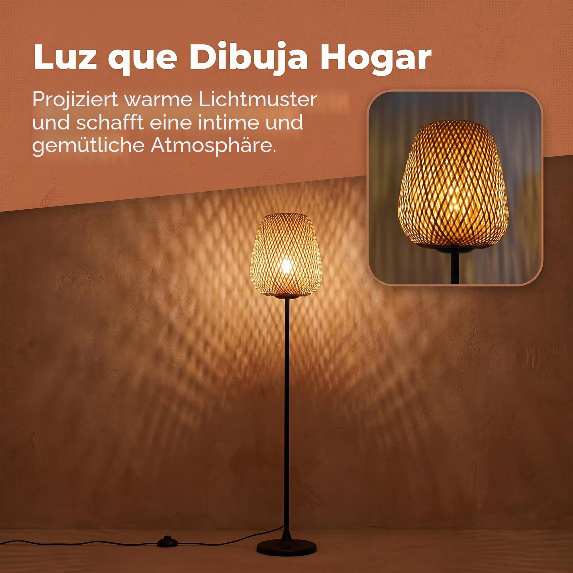 BARCELONA LED NIKKO Stehlampe aus Rattan mit E27 Fassung, Boho Bodenlampe Naturfaser, Handgefertigter Lampenschirm, Schwarzes Metall, Wohnzimmer Schlafzimmer Esszimmer Leselampe