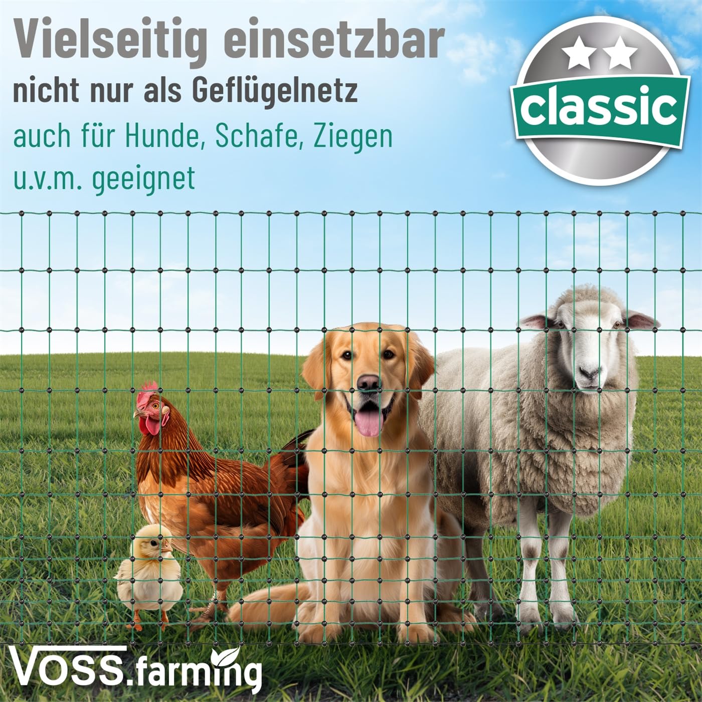 VOSS.farming 15m Hundezaun, Katzenzaun, Hühnerzaun, Geflügelzaun, Geflügelnetz, 112cm, 6 Pfähle, 2 Spitzen, grün Classic