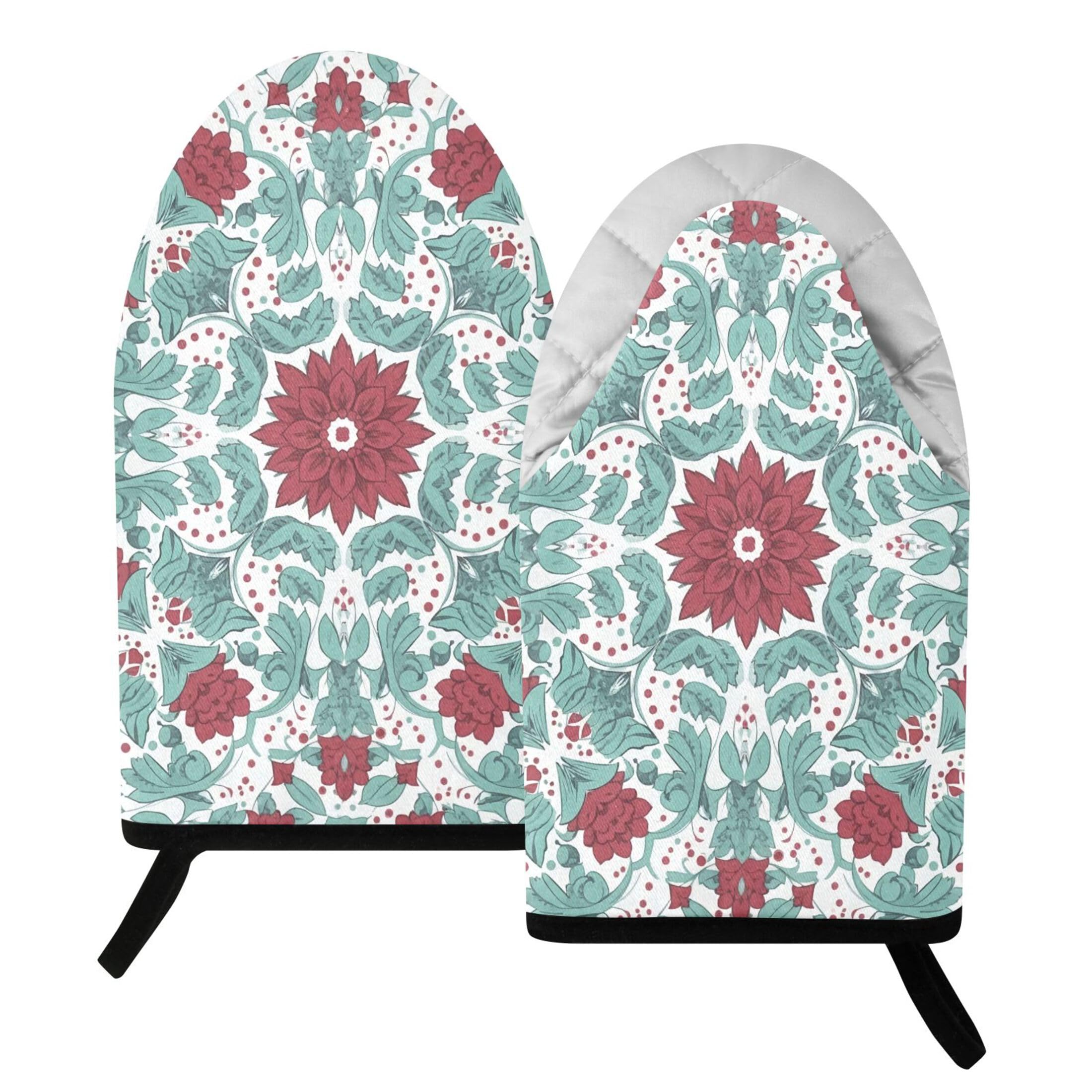 Kutsu Mandala Flower Oven Mitts for Kitchen, Heat Resistant Cotton Oven Gloves for BBQ Baking Cooking, Breathable Kitchen Essentials, 2 pcs