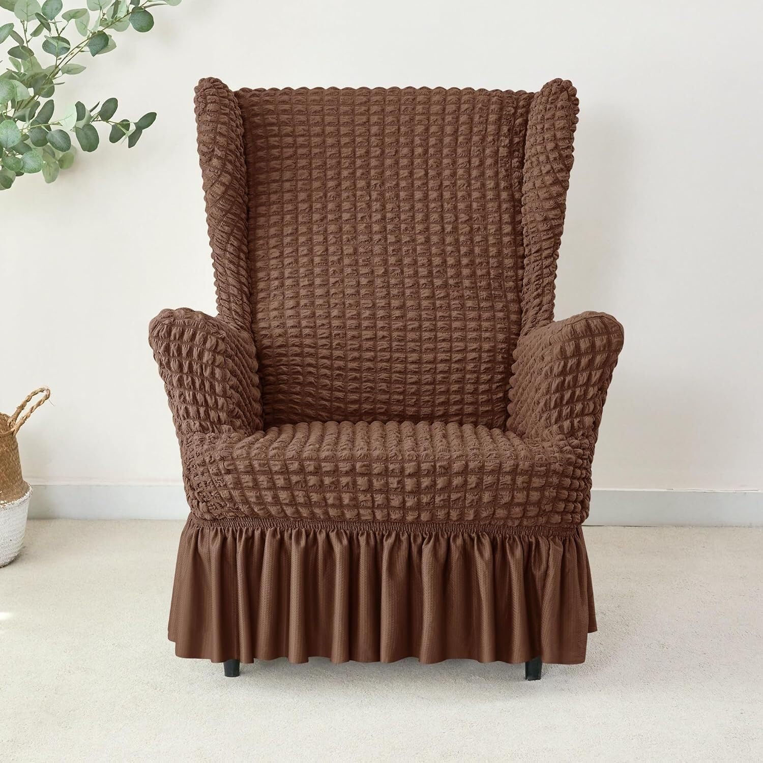 PBTMCD Seersucker Wingback Chair Slipcover Set With Ottoman Cover, Stretch High Back Bubble Wing Armchair Covers With Skirt(3#)