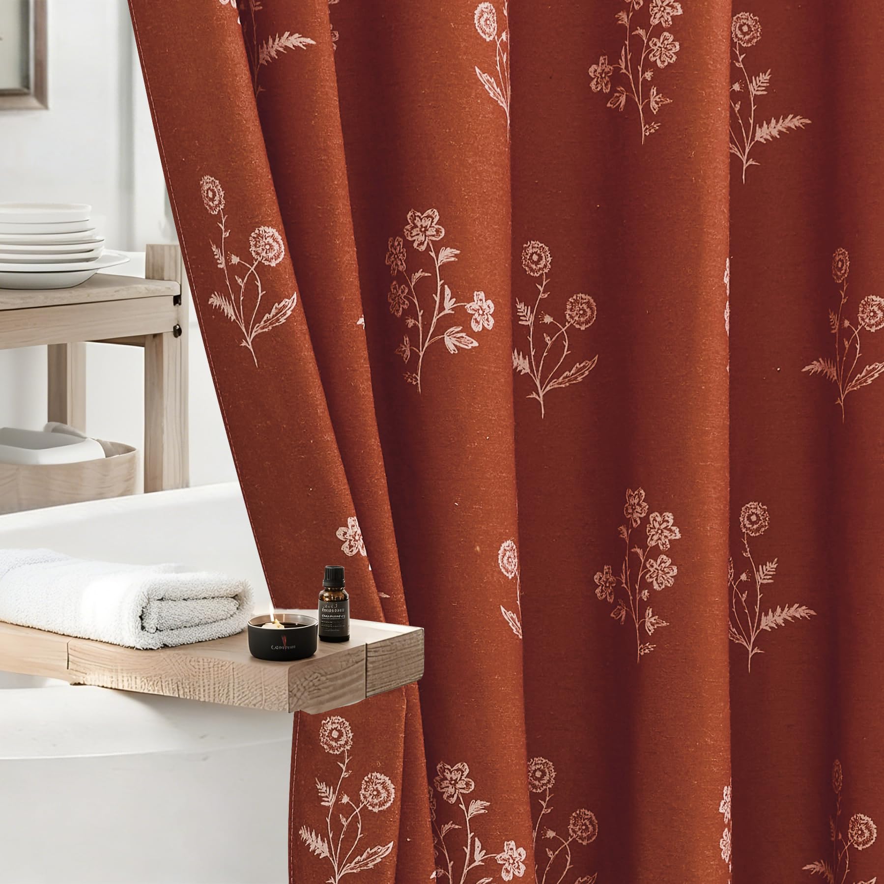 ORTIGIA Lin Rideau de Douche Ferme Vintage Floral Rideaux de Douche Terre Cuite Automne Boho Rustique Rideaux Imprimés Bloc Décor Cabine pour Salle de Bain 183 L x 183 L