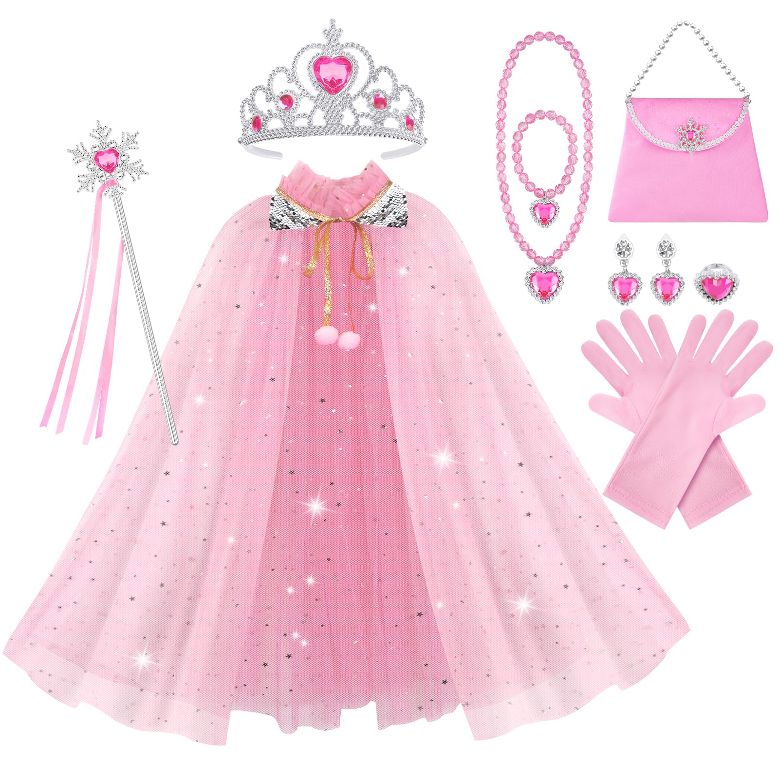Vicloon 11 Stück Mädchen Prinzessin Kleid Mit Krone & Zauberstab, Kostüm für Weihnachten, Halloween, Verkleidung, Fasching, Cosplay, Geburtstag, Partykleid (Rosa)