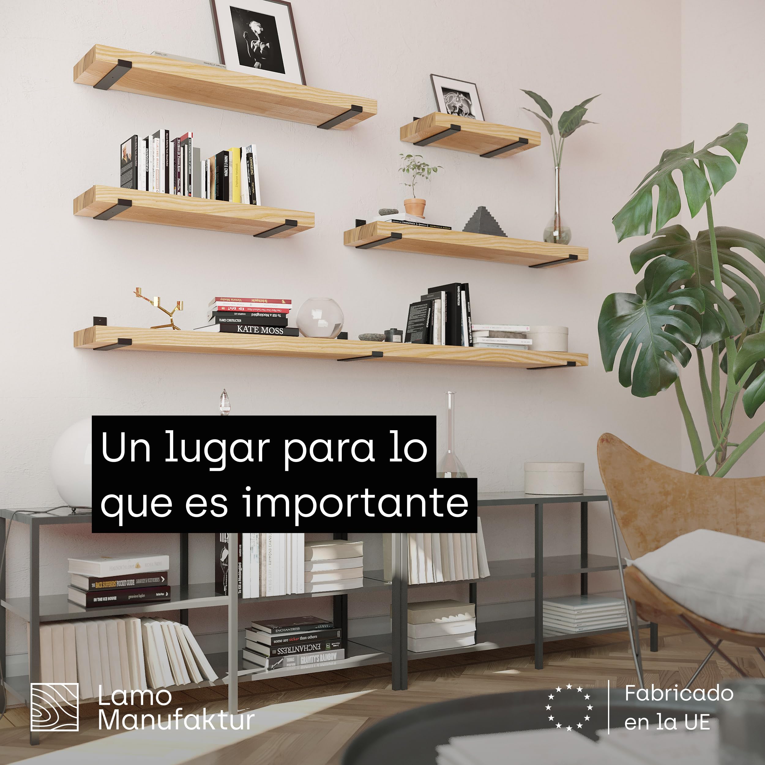 LAMO Manufaktur Estantería de Pared con Soportes Negros en Forma de J | Estantería 100 cm Madera para salón, Cocina, Estudio Estilo Industrial | Color: Rustico, Borde: Recto | Madera Maciza