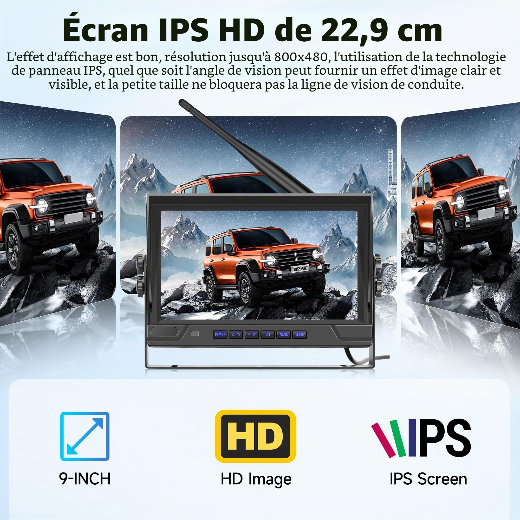 Caméra de Recul Numérique sans Fil, 2 Caméras avec Moniteur IPS 9 Pouces, Caméra de Recul étanche IP68 BSD Vision Nocturne Retournement d'image Vidéo en Boucle pour Camion/Remorque/Camping-Car/Bus