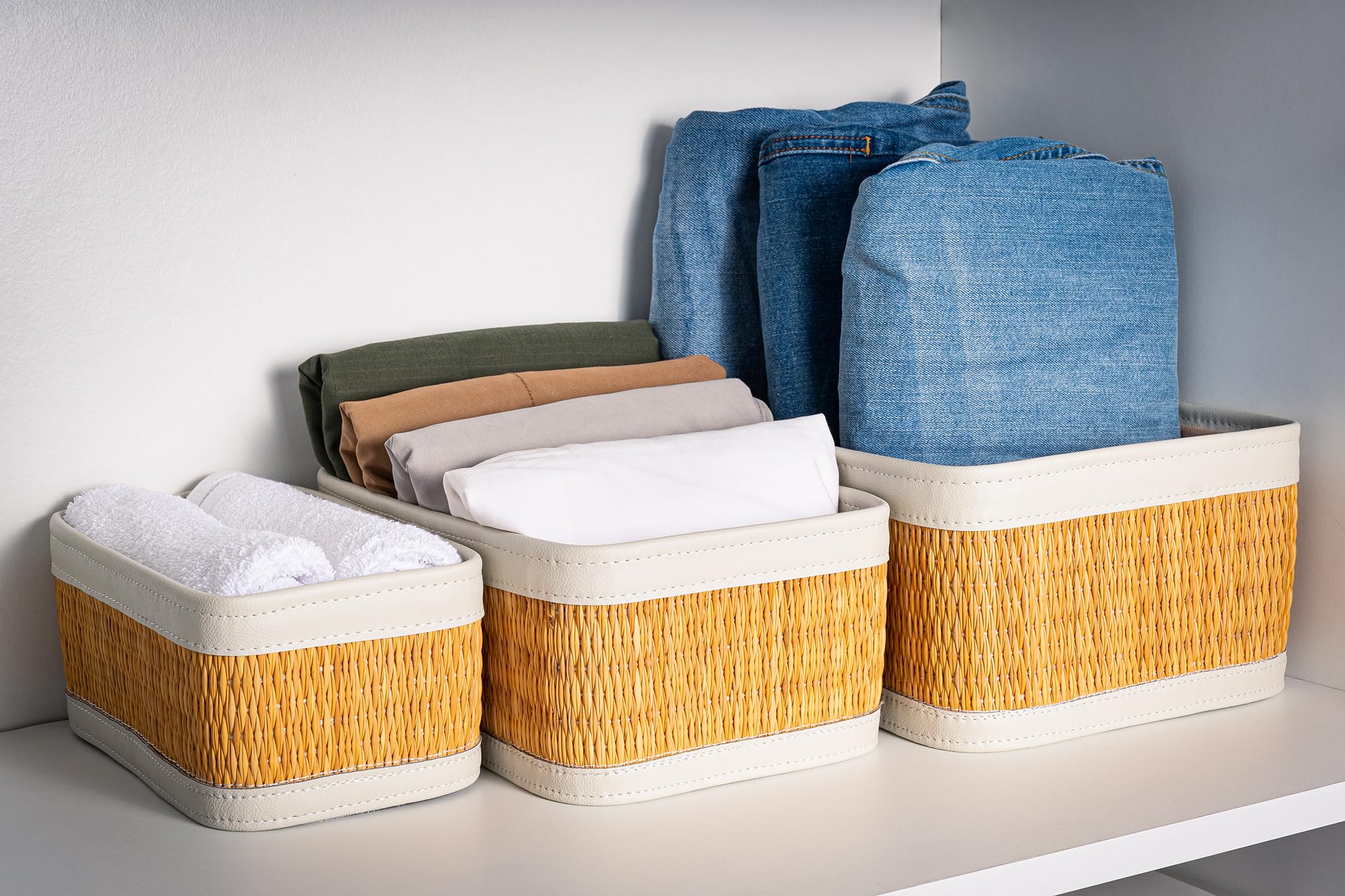 Smar Set de Cestas de Almacenaje Rectangulares, 30x22x13cm, Cesta de Fruta Hecho a Mano, Cestas de Mimbre, Organizador Juguetes, Almacenaje Cocina, Cajas de Almacenamiento, Decoración Baño