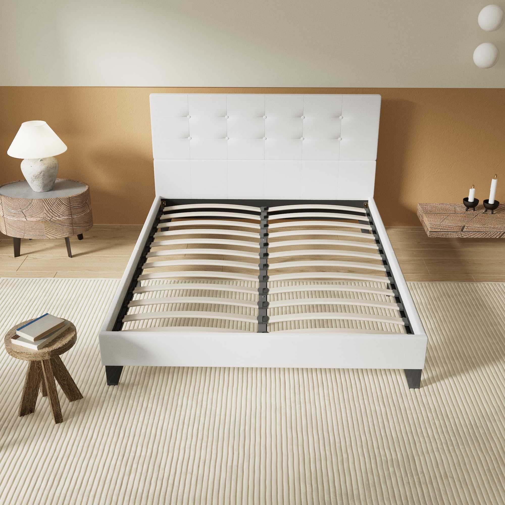 NOVEMBER Letto Matrimoniale – Rete e Testiera Capitonné – 160 x 200 cm – Rivestimento Sintetico Bianco – Stabile e Robusto con Piedi Centrali di Rinforzo