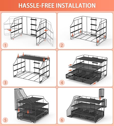 Miniatura 5 de Turfson Organizador de escritorio, organizador de escritorio y accesorios con cajón, suministros de oficina de 4 niveles con almacenamiento de papel