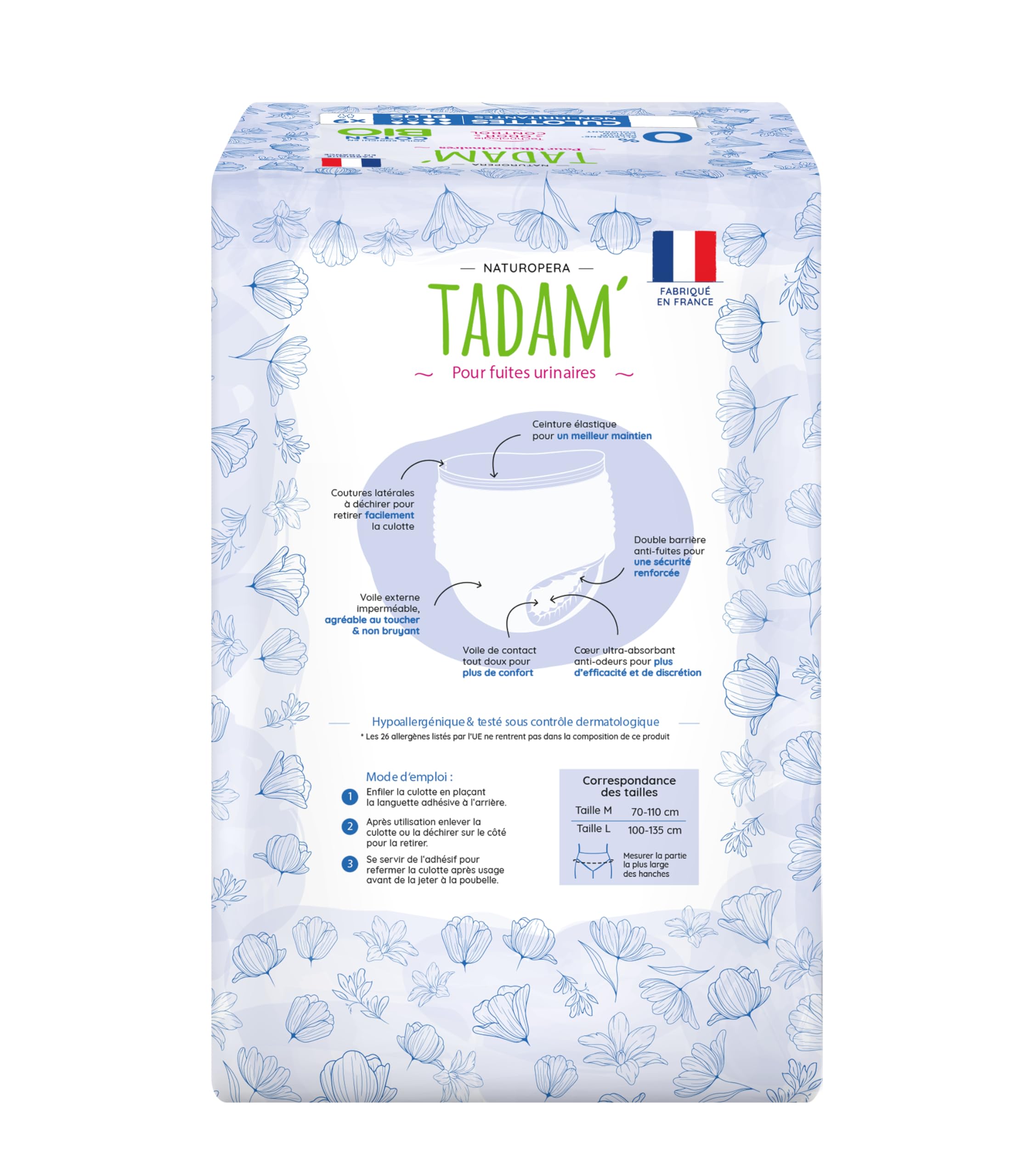 TADAM' - 8 Culottes Femme Incontinence Jour ou Post Partum, Absorption XXL, Taille L, Blanc, Discrètes, Confortables & Hypoallergéniques avec technologie anti-odeur.