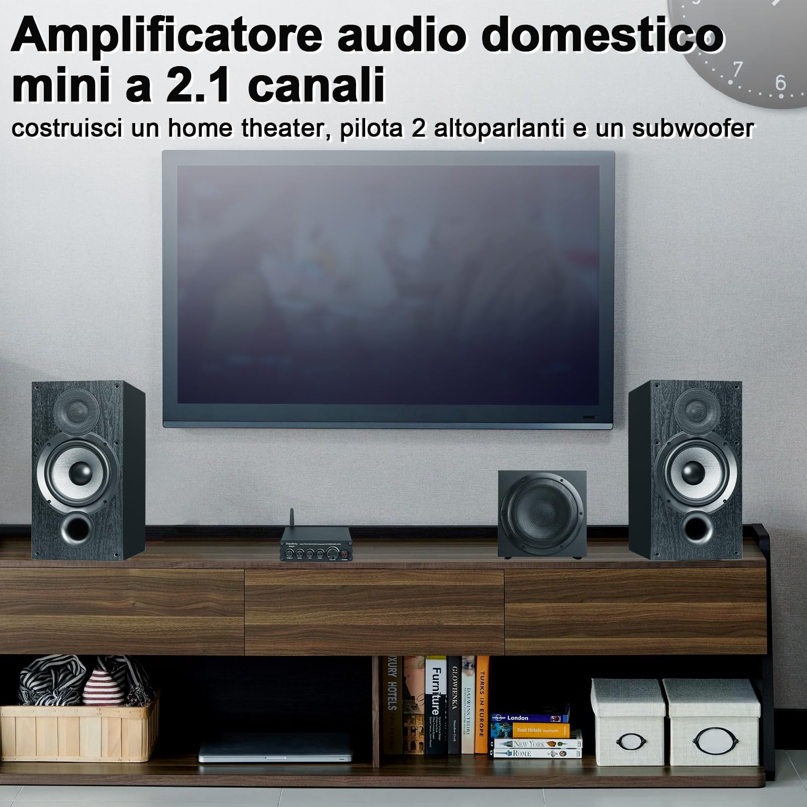 Depusheng DPA30 Amplificatore ricevitore audio 2.1 canali Mini Hi-Fi Bluetooth 5.0 Amplificatore componente audio 50 W x2+100 W per altoparlanti passivi da esterno/subwoofer Subwoofer alimentato