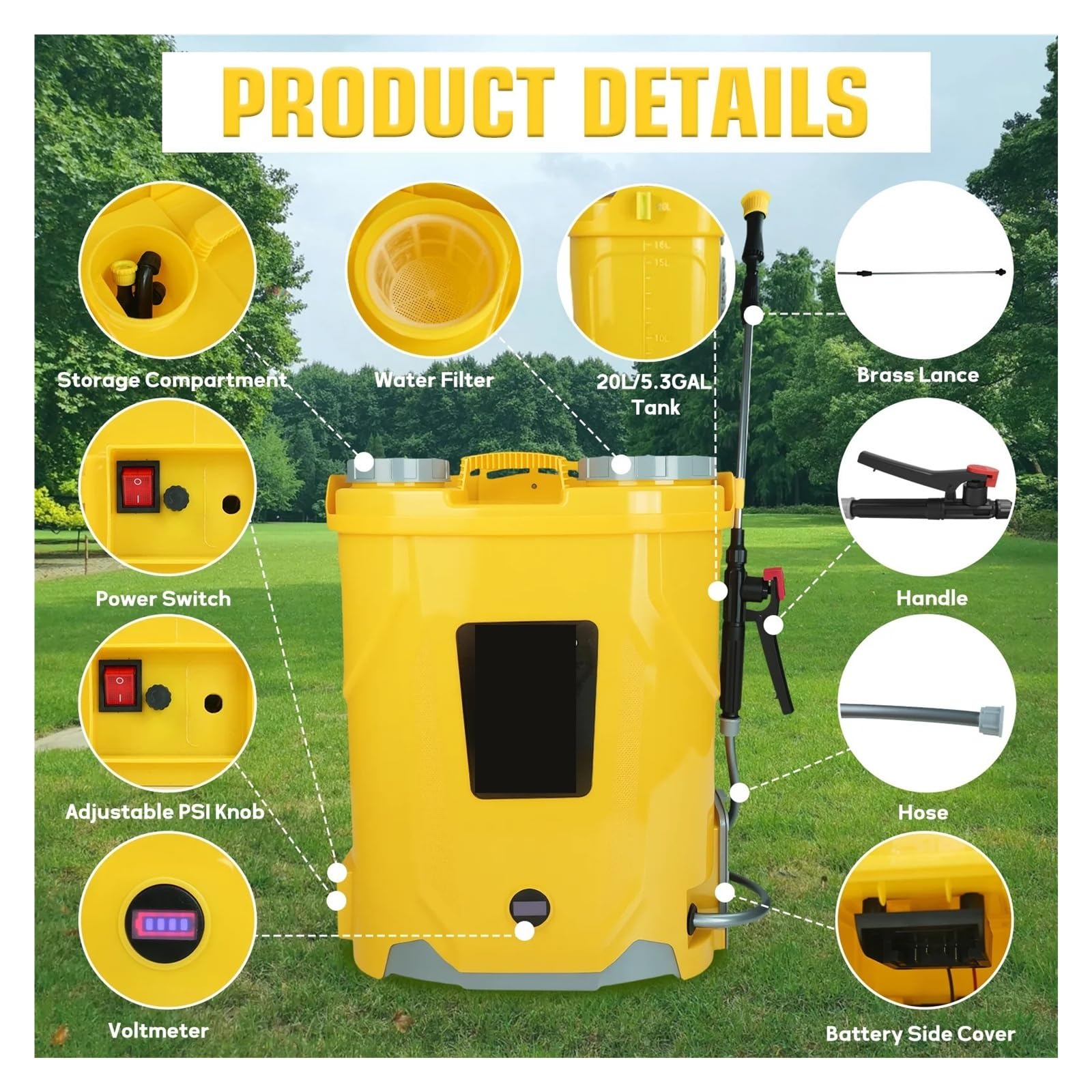 Spruzzatore da giardino, Spruzzatore a spalla alimentato a batteria elettrico a pressione regolabile da 5,3 galloni (senza batteria)