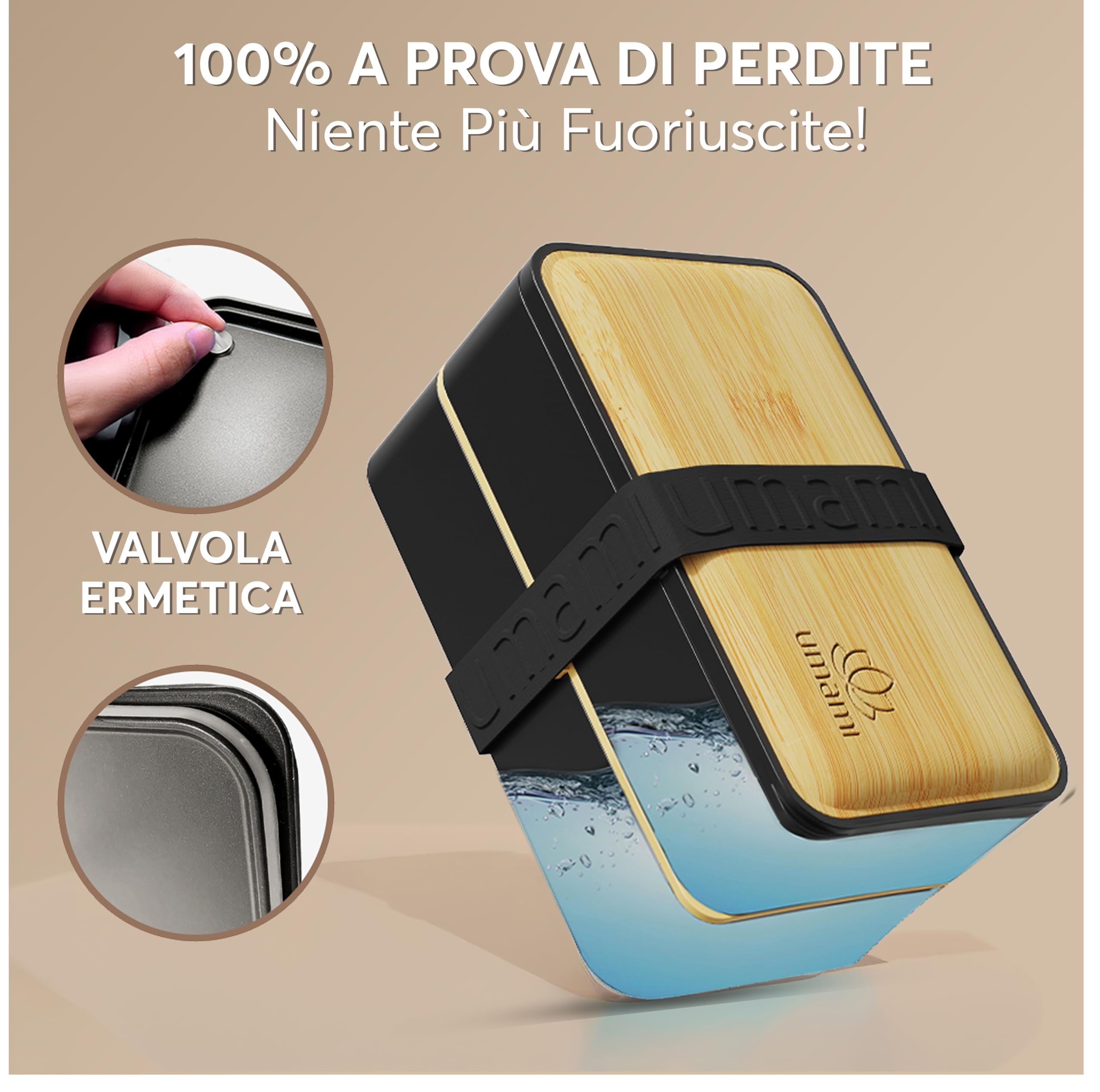 Umami Porta Pranzo Lunch Box Ermetico 4 Scomparti e Posate, Sicuro per Microonde, Lavastoviglie, Portapranzo Ufficio Bento Lunchbox Prova di Perdite per Adulti Schiscetta Pranzo, Nero E Beige, 1200 ml