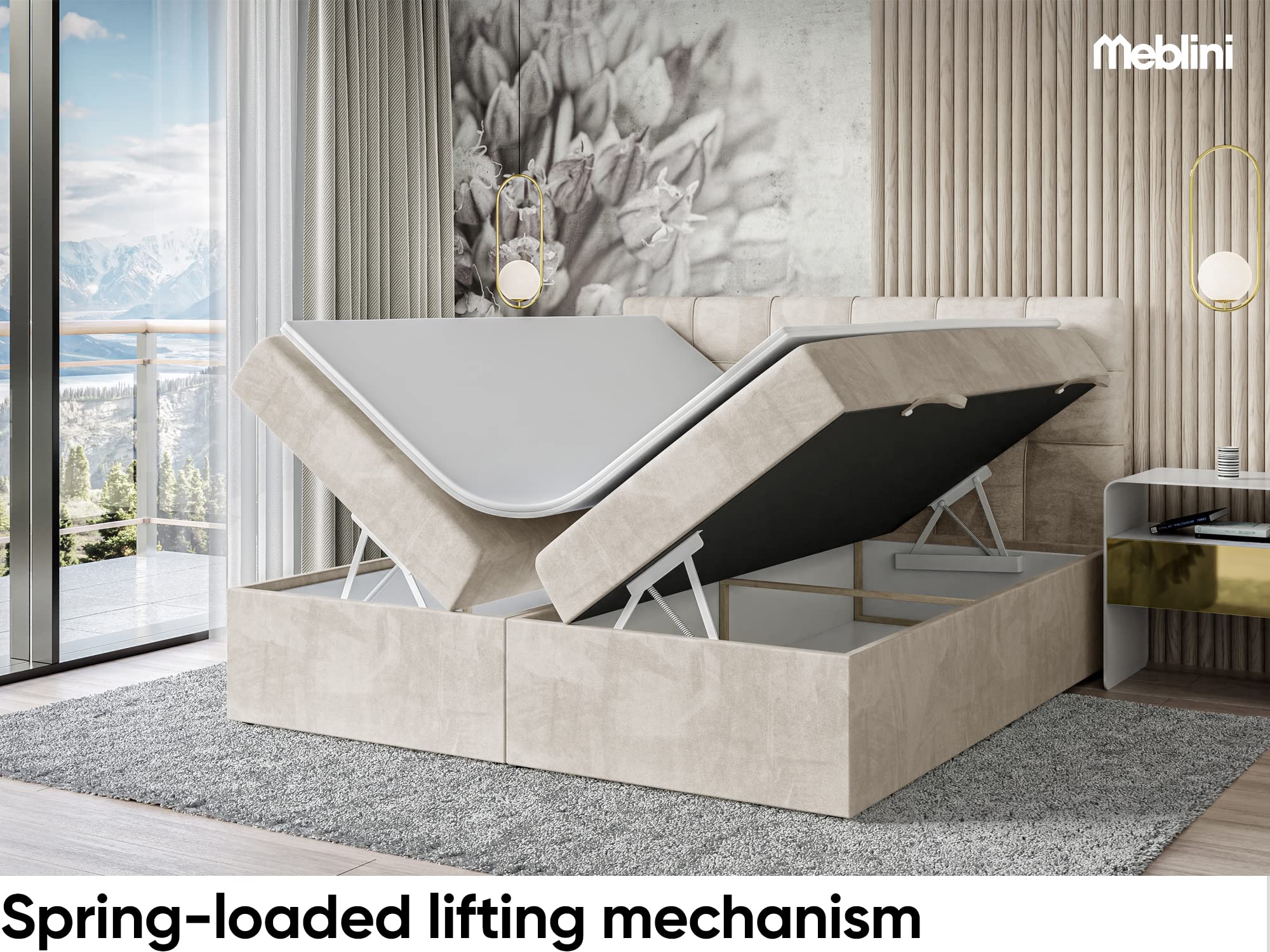 MEBLINI Boxspringbett mit Bettkasten - Gepolstert Doppelbett mit Matratze und Topper - Polsterbett mit Stauraum - Bett mit Kopfteil - Stauraumbett - TAPO 1-120x200 - H3/Creme Samt