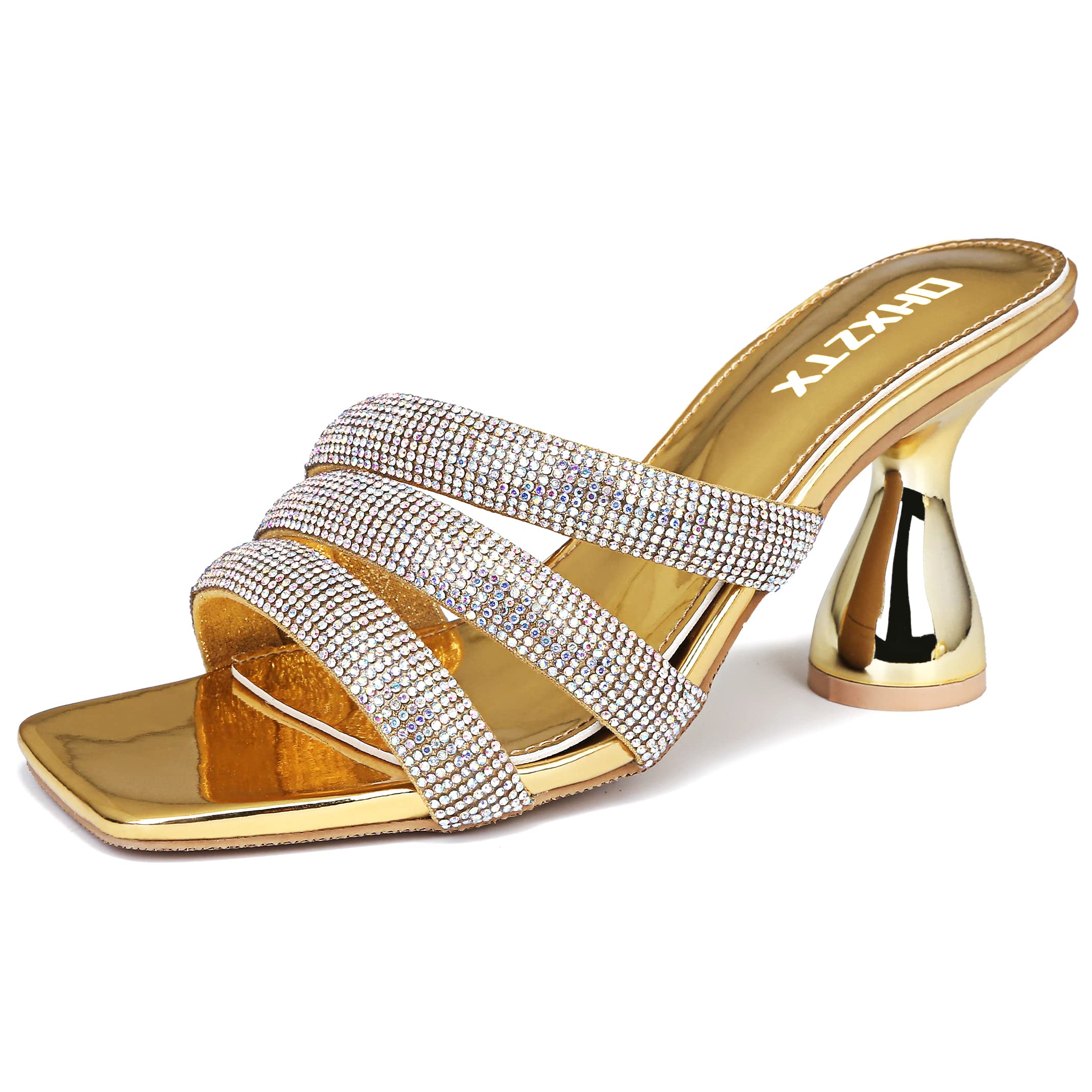 OHXZTX Women's Rhinestone Square Heeled Sandals Slip On Peep Toe Chunky Block Kitten High Heels Mules Slippers Slides Fashion Wedding Dress Backless