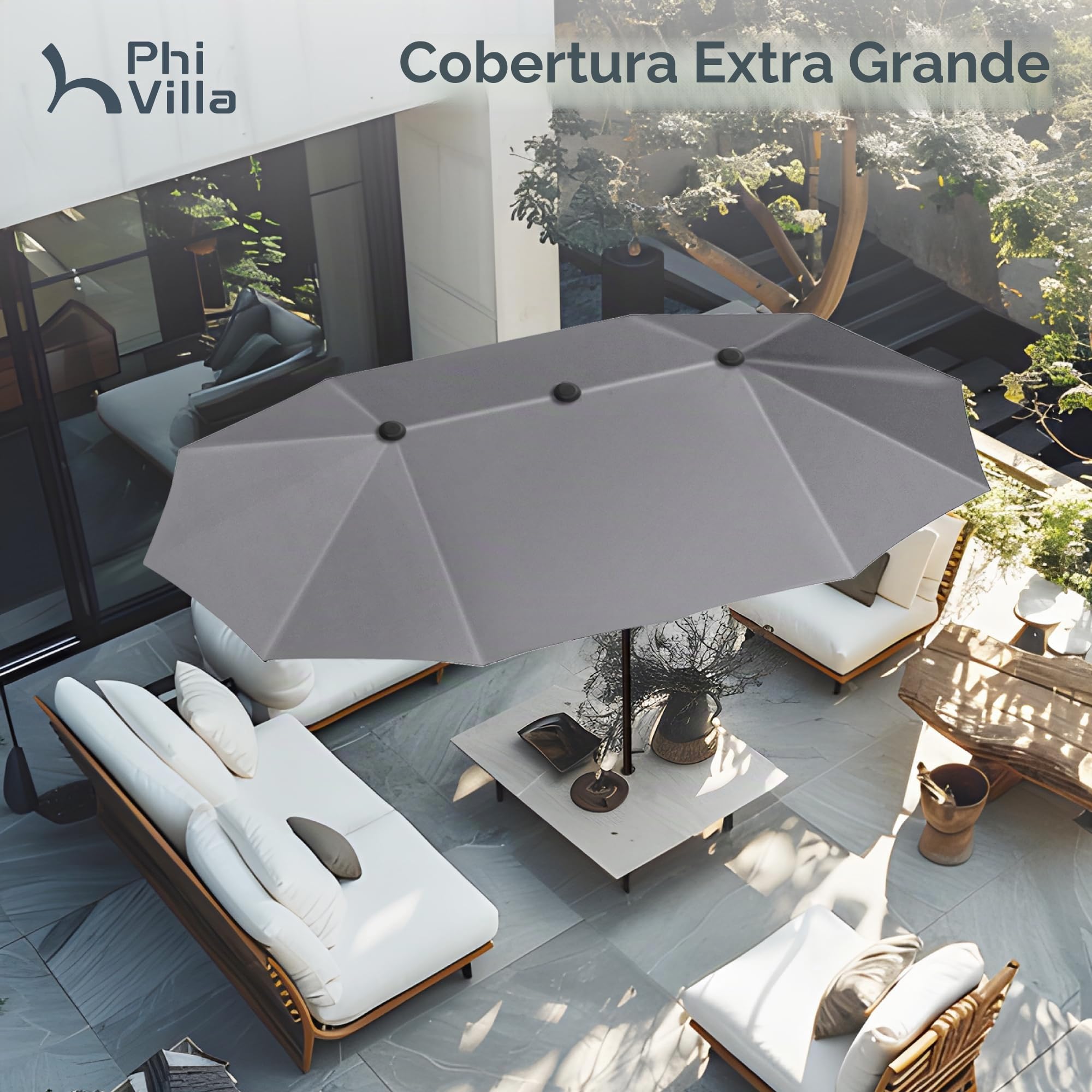 PHI VILLA Sombrilla rectangular grande, 200 x 380 cm, para jardín, terraza, jardín, con manivela, protección UV, parasol, resistente al viento