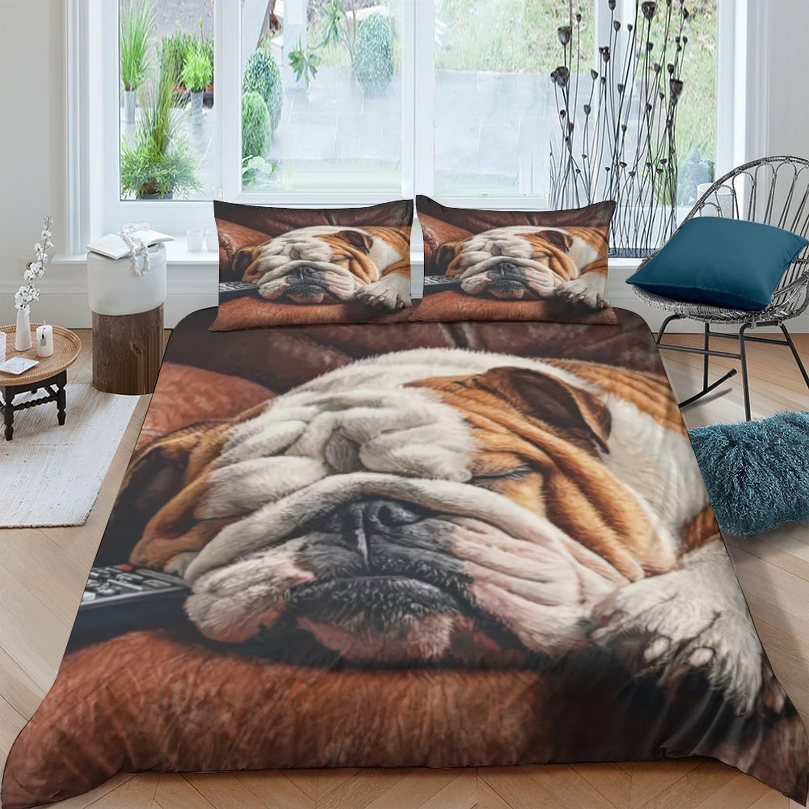 TUFRTGYHN 3D Printed Bulldog Duvet Cover Microfiber Soft Breathable Dog Face Bedding Set with 2 Pillowcases for Bedroom Decor Single（135x200cm）