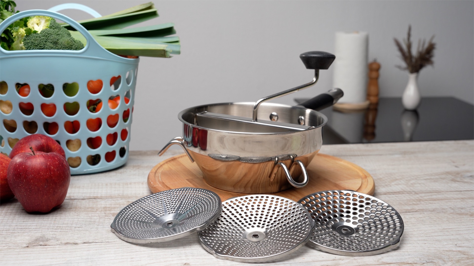 Moulin à Aliments En Acier Inoxydable 3 Disques - Moulin Rotatif Pour Purées Bébé, Sauces Et Légumes - Manivelle Ergonomique