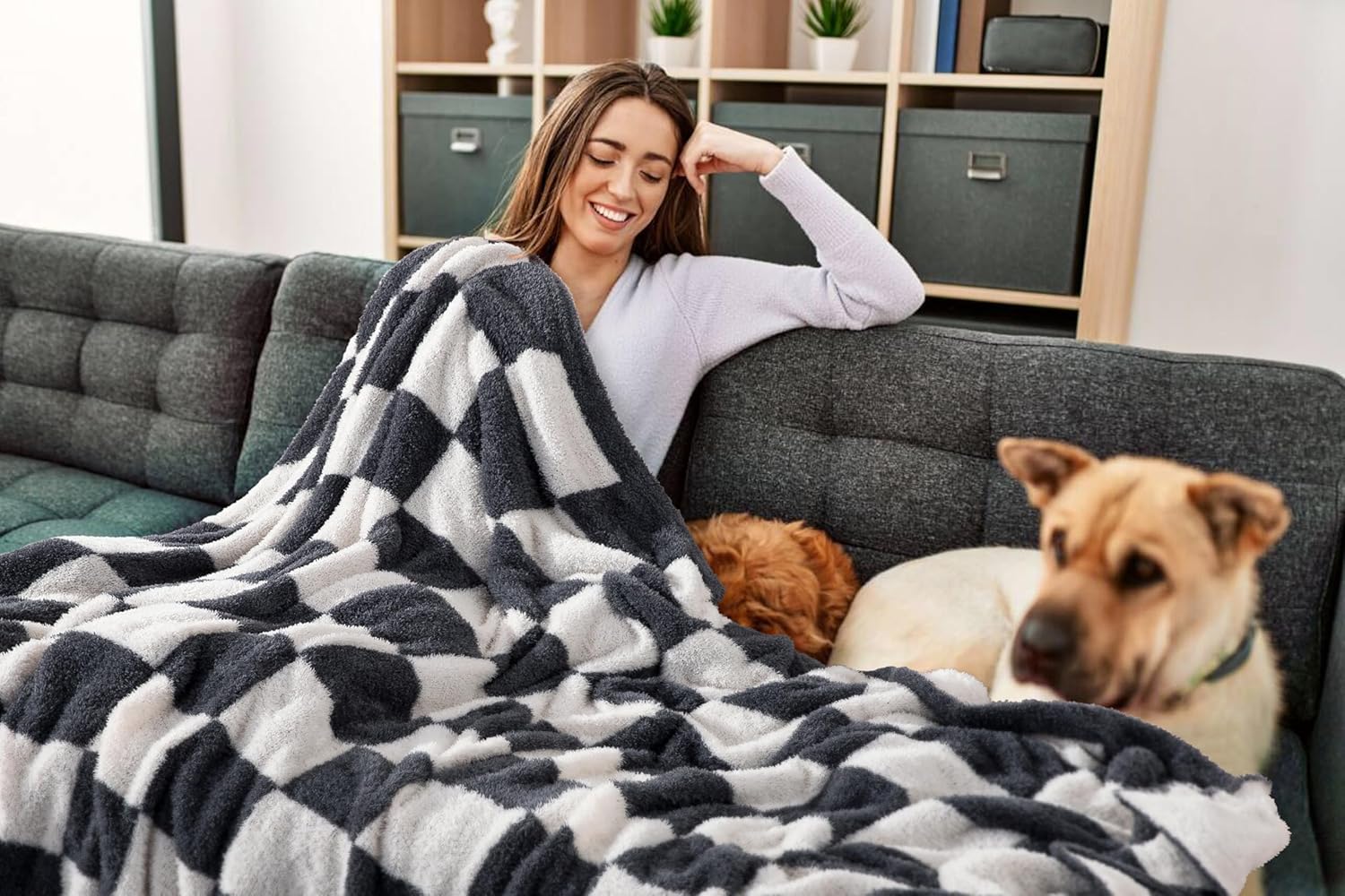 Checkered Queen Blanket for Bed - Super Soft Knit Large Blankets，Fluffy Fuzzy Plush Lightweight Cozy Throw for Sofa ，90"x 90",Dark Grey - Image 2