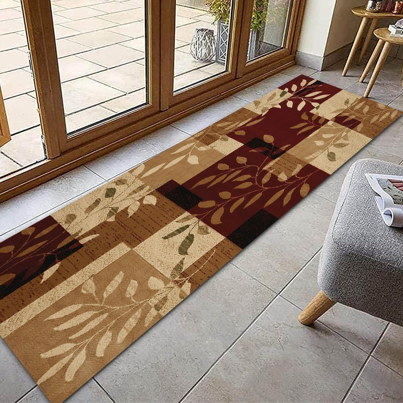 Tappeto passatoia in moquette rosso marrone per corridoio, tappeto lungo antiscivolo, tappetino lavabile per cucina, tappeto passatoia per corridoio stretto con retro in gomma - Motivo floreale (Size