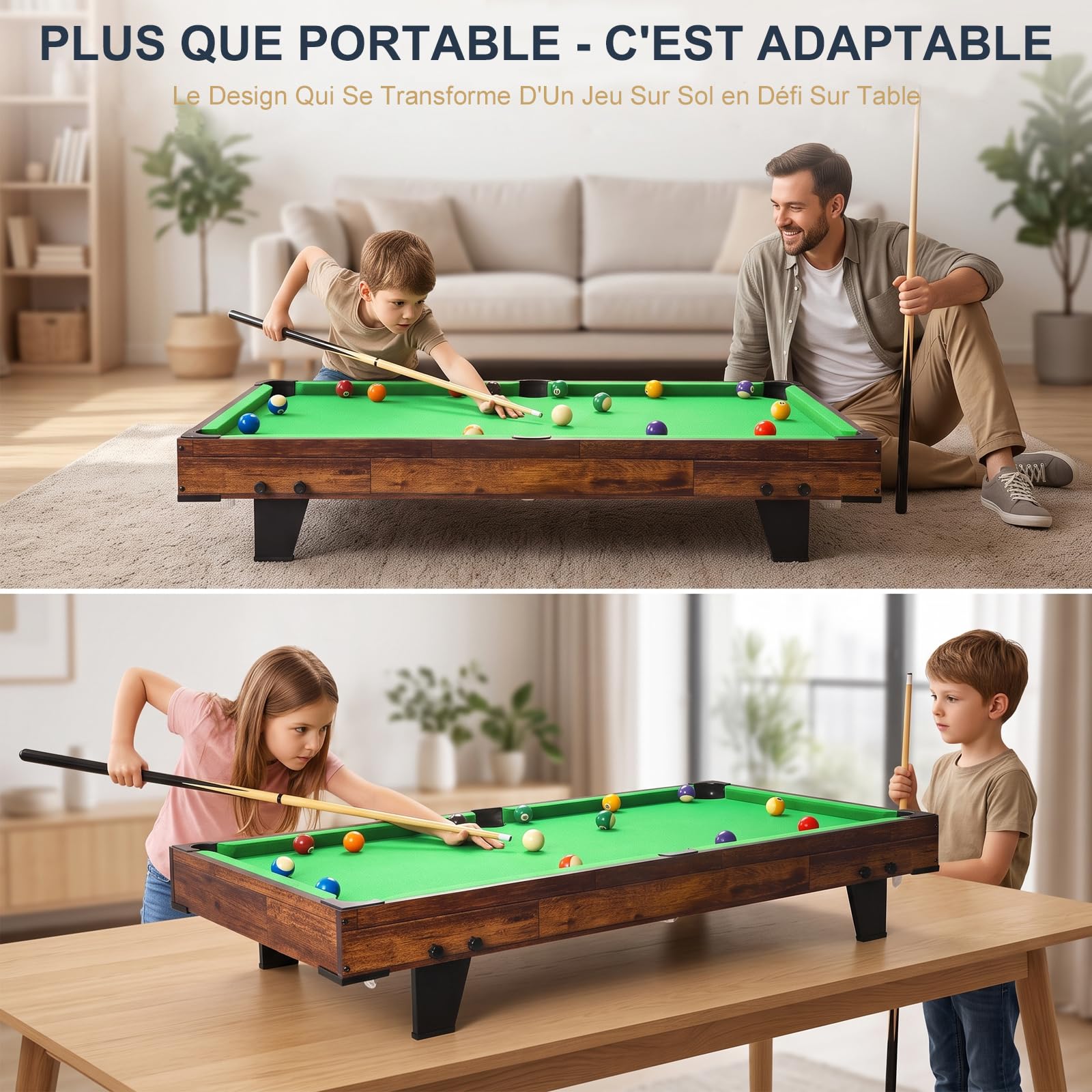 Table de Billard 120cm, Mini Pool avec Accessoires, Snooker Intérieur | Bois de qualité, léger et mobile, design gain de place, montage facile, idéal pour adultes et familles.